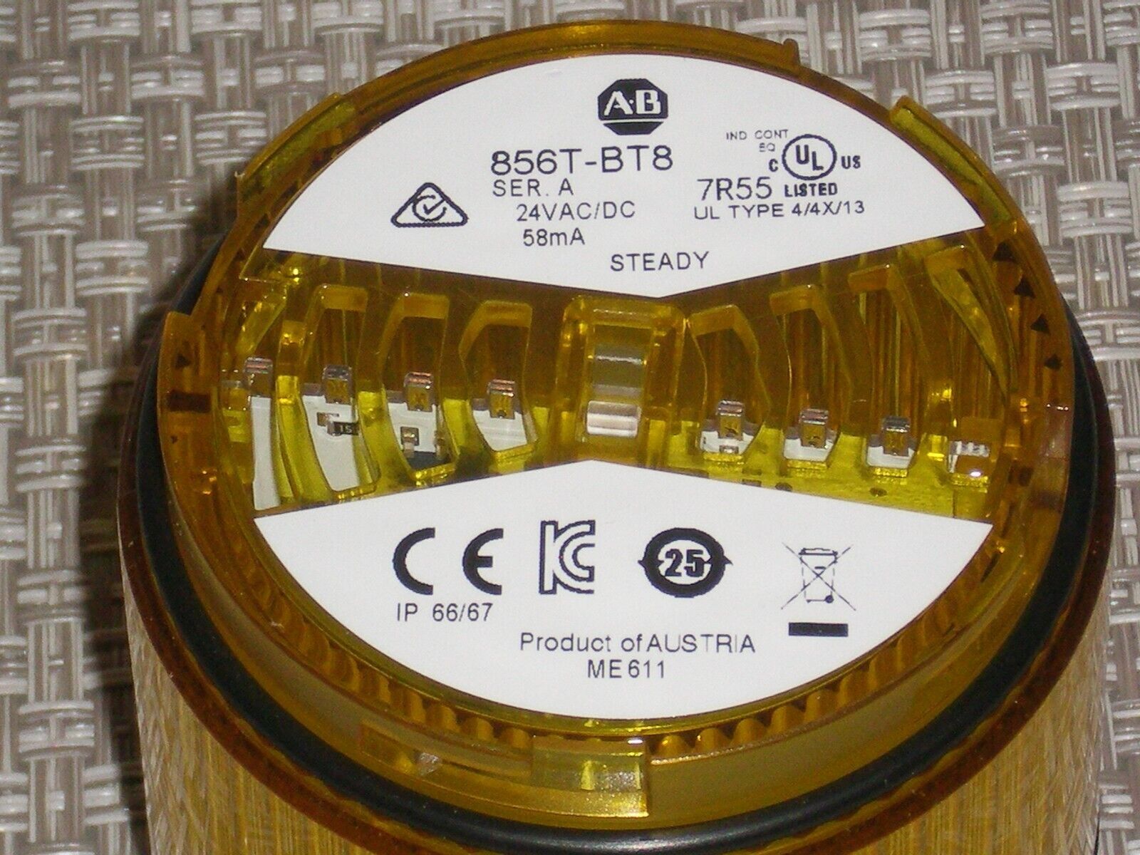 New! Allen Bradley 856T-BT8 Yellow Steady LED Stack Light 24VAC/DC 70mm FreeShip