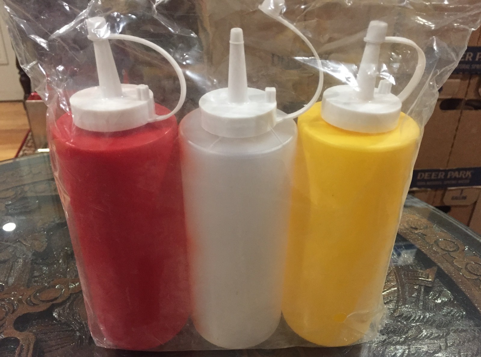 new sealed Condiment Squeeze Bottles | Set of 3 Clear, Yellow, and Red
