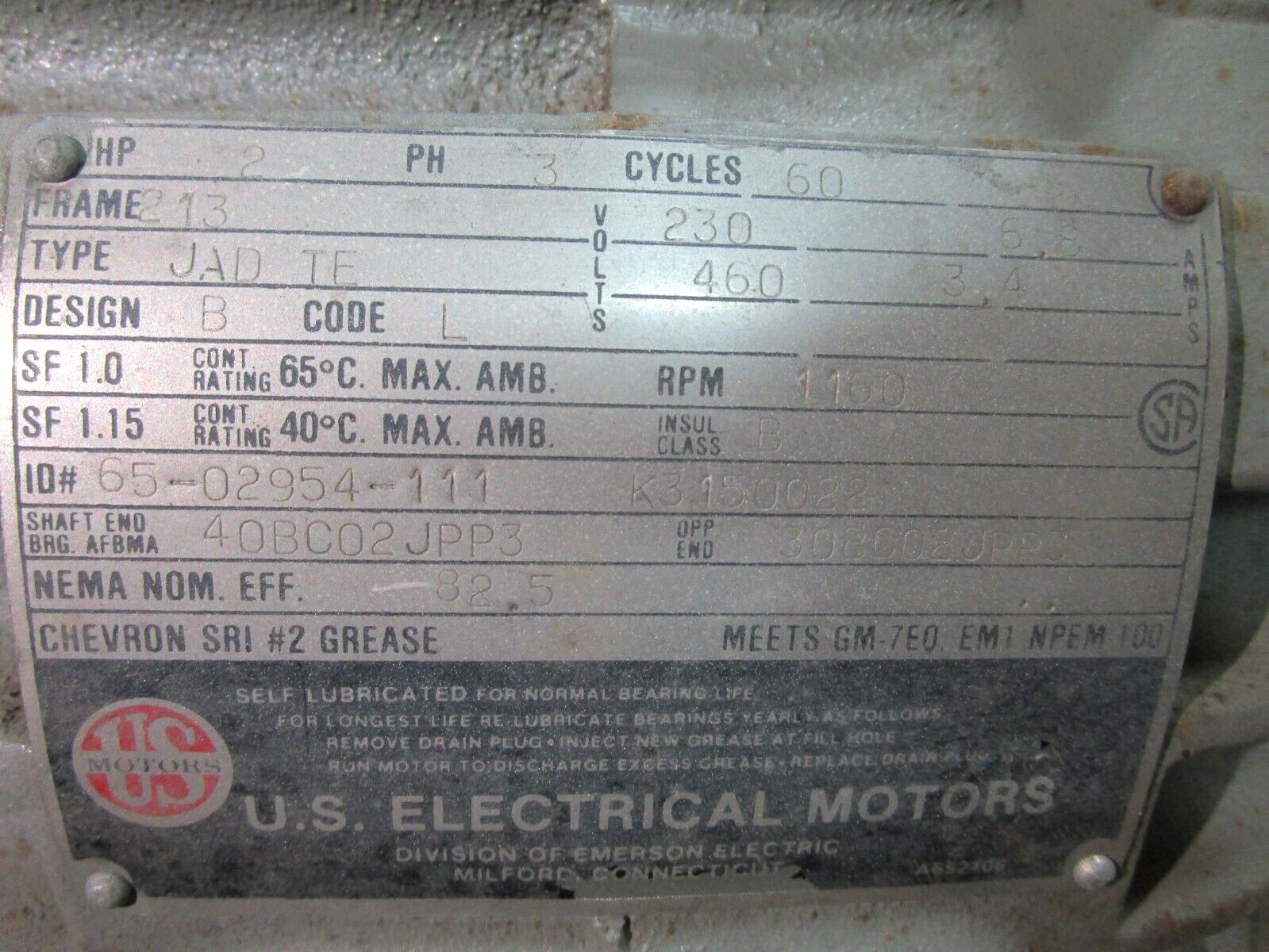 US Electrical Motors 2HP 3 PH 213 Frame 230/460 Volts 51205LR