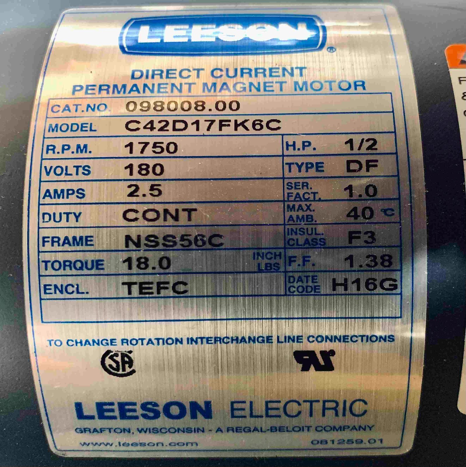 098008.00 Leeson 1/2Hp, 1750 Rpm, SCR Rated Permanent Magnet DC Motor, 180V, 56C