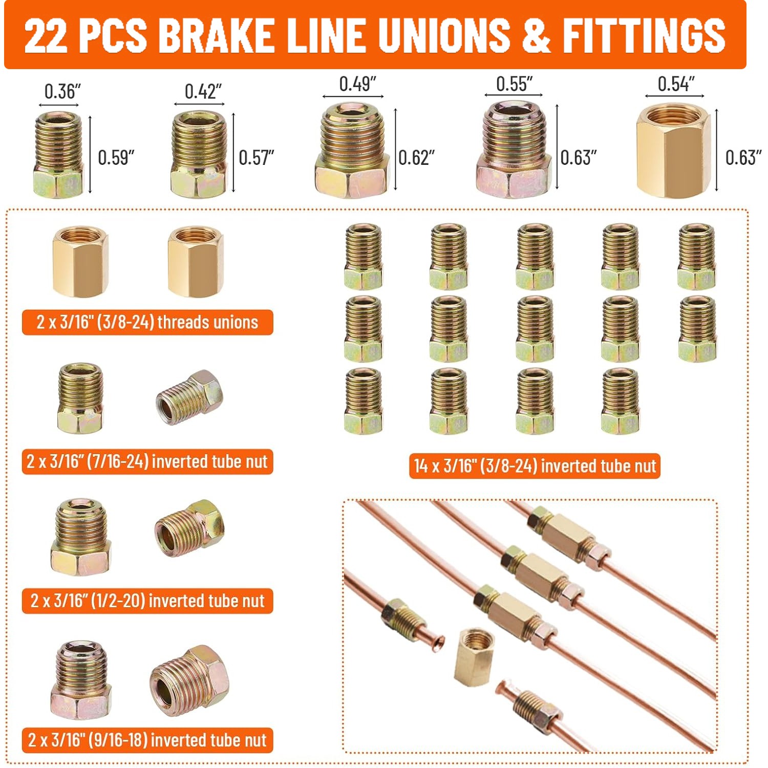25Ft 3/16″ Copper-Coated Brake Line Kit With 16 Fittings, 2 Union + 4 Nut Set