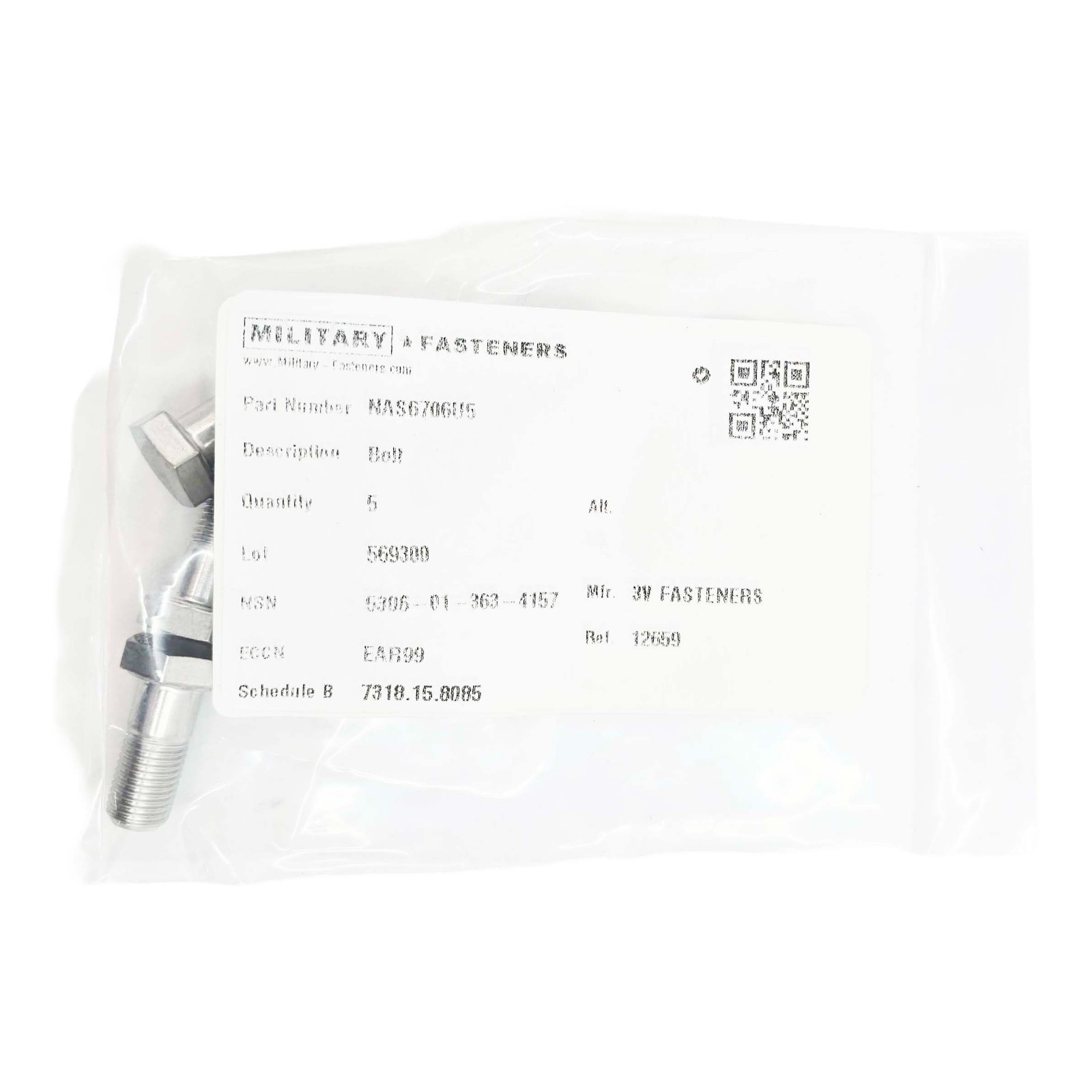 5 PACK – NAS6706U5 Bolt Close Tolerance – length 57/64″ Thread: 3/8-24