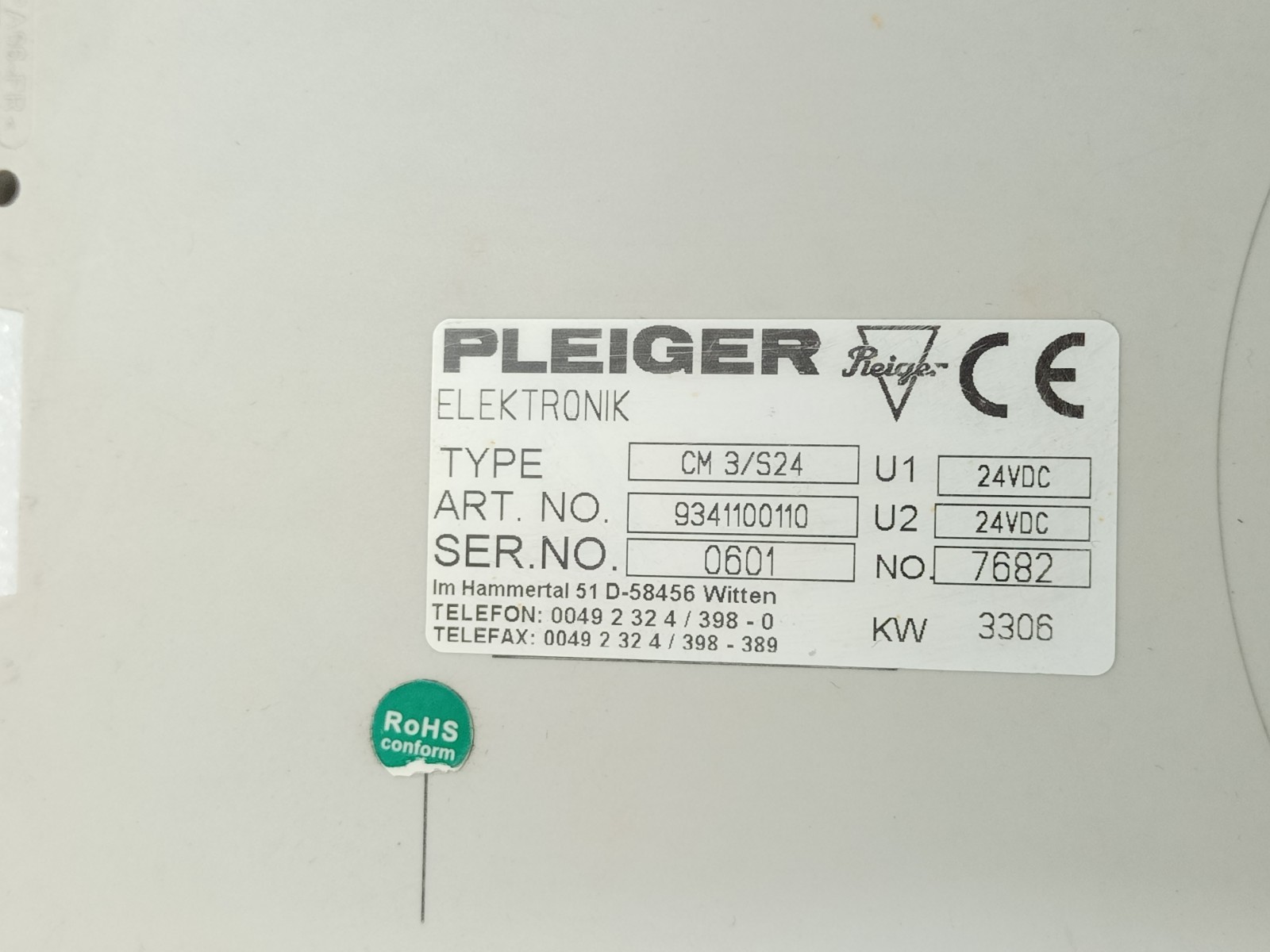 Pleiger CM 3/S24 Control Module 9341100110 / Pleiger Elektronik CM3/S24 / 24Vdc