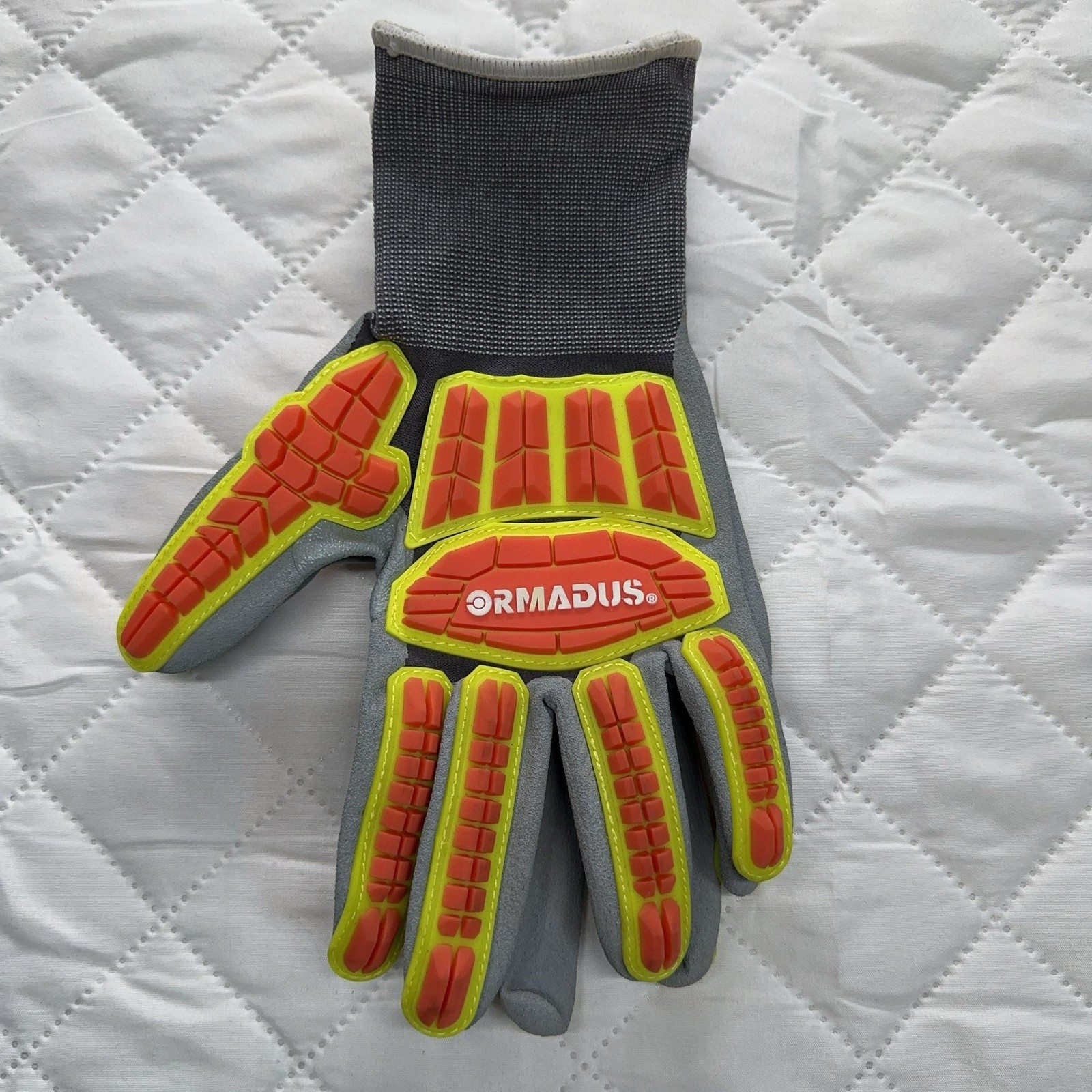 ORMADUS Impact Resistant Work Gloves Large L/9 Gray Hi-Vis Red Yellow ANSI A1