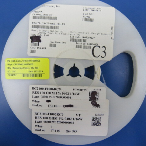Mouser Electronics CRCW0402100RFKED Qty of 550 per Lot RES 100 OHM 1% 0402 1/16