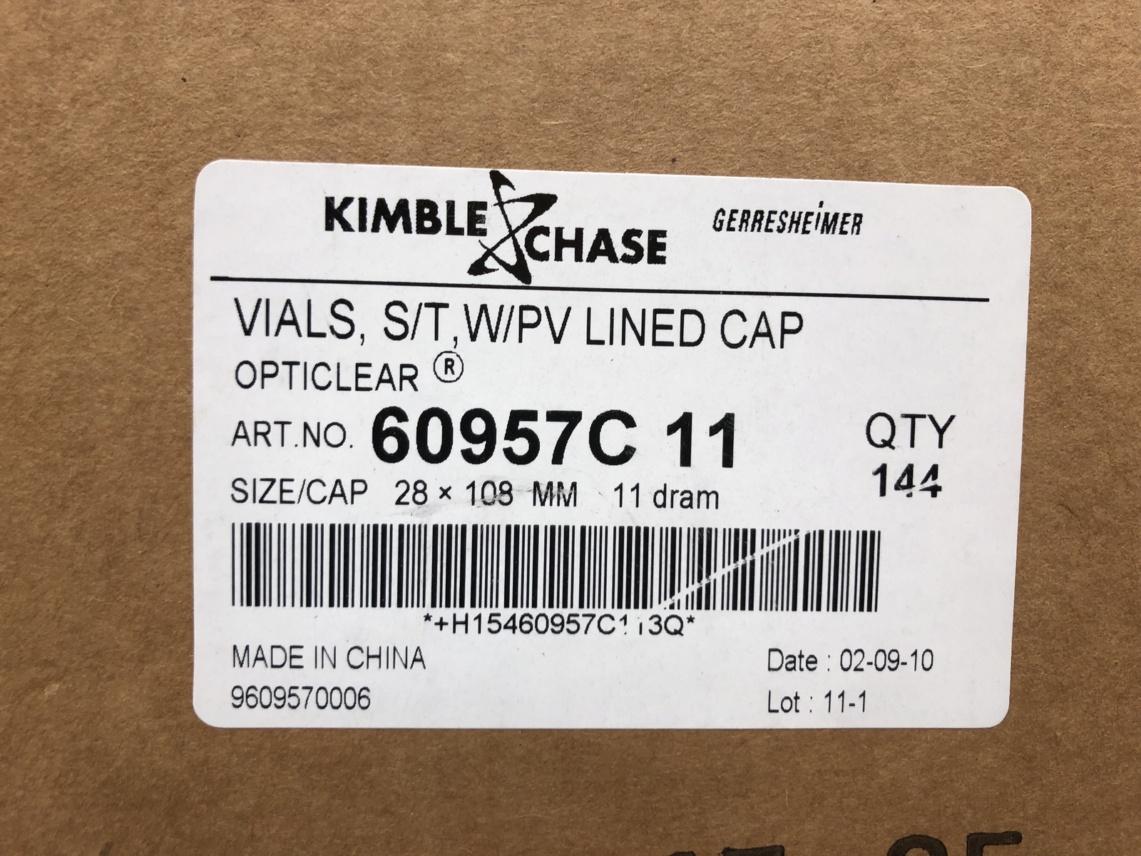 (QTY.288) KIMBLE & CHASE 609572-11 OPTICLEAR VIALS W/ CAPS