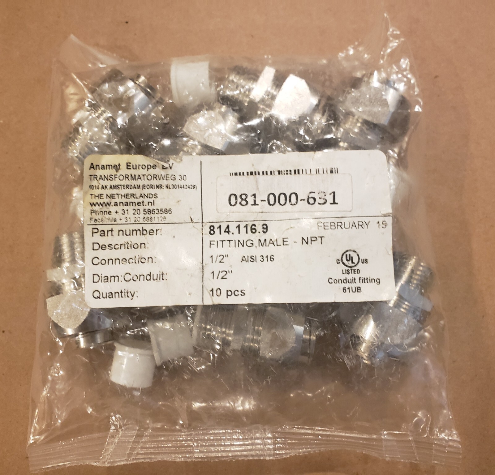 NEW ANAMET 814.116.9 SEALTITE 1/2″ CONDUIT FITTING – IP-67 – AISI-316 -10 PCS