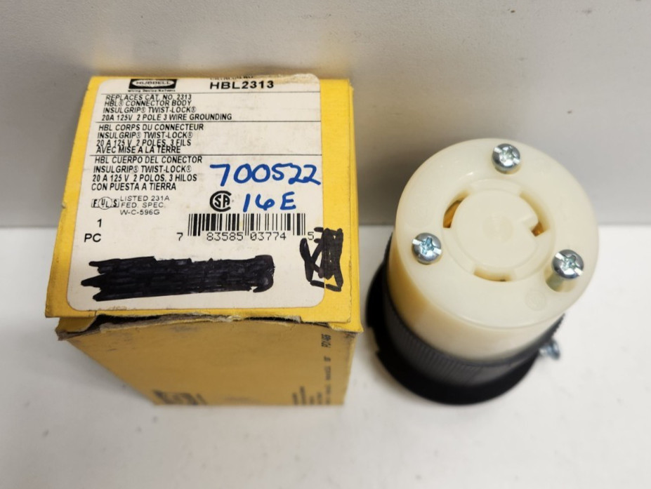 NEW IN BOX! HUBBELL 20A 125V 2-POLE 3-WIRE TWIST-LOCK CONNECTOR BODY HBL2313