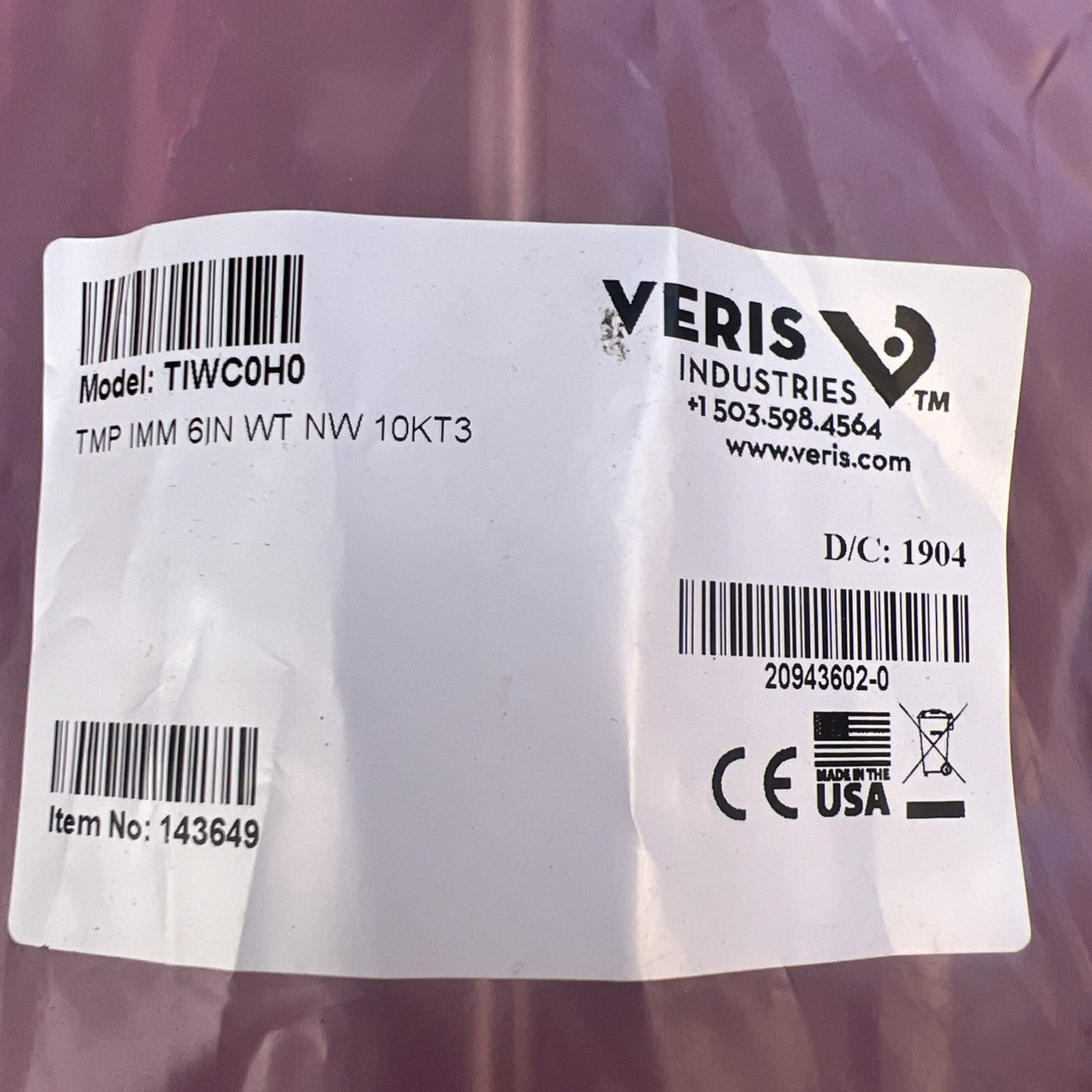 Veris TIWC0H0 Pipe/Immersion Temperature Sensor New Other