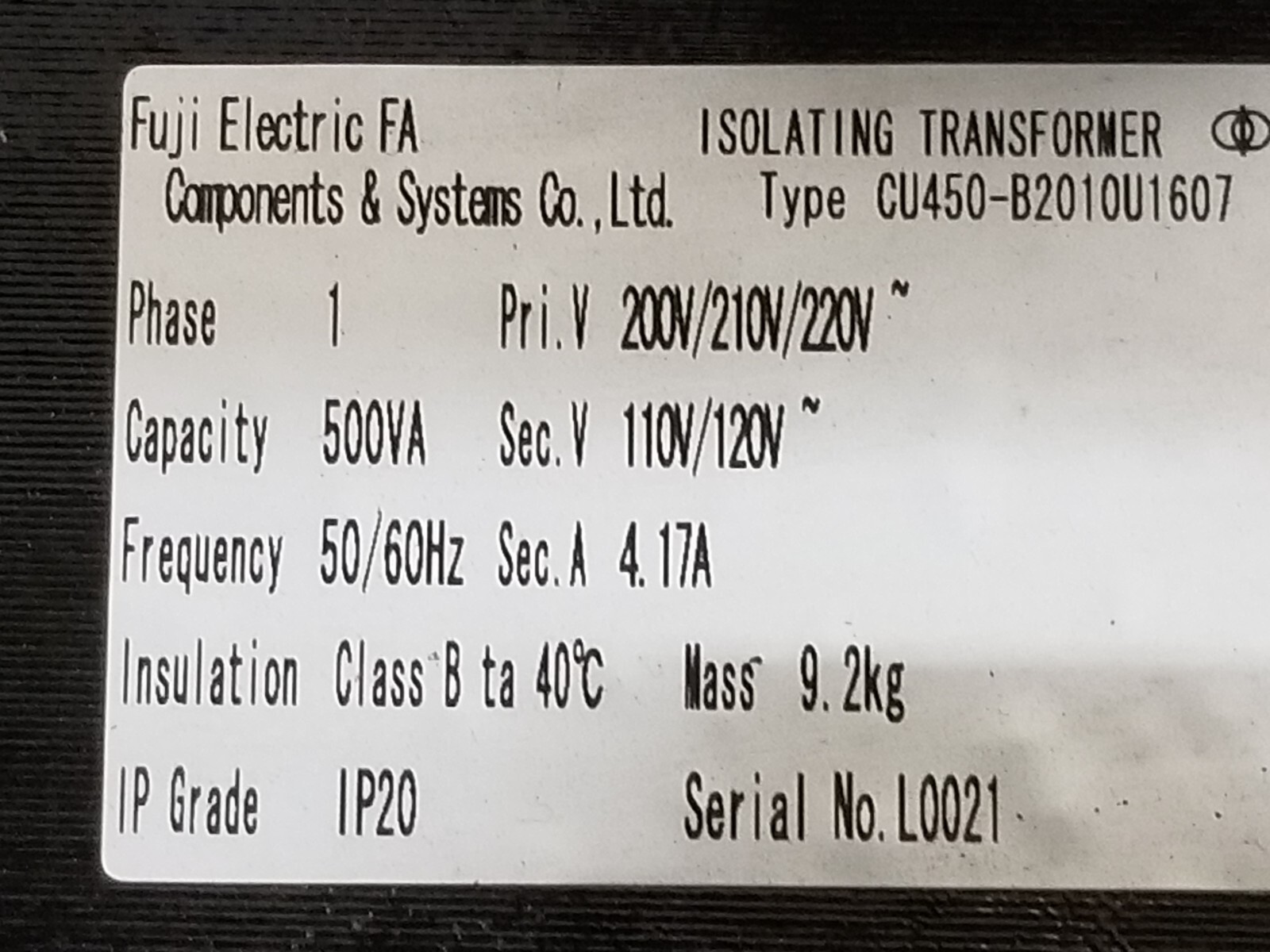 Fuji CU450-B2010U1607 Isolating Transformer 1 phase 500va 200/220v 120v