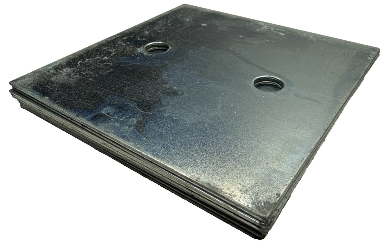 (Lot of 12) 4.25″ Square Shims Zinc Coated, Some Flaws 1mm Thick, 2 holes 7/16″