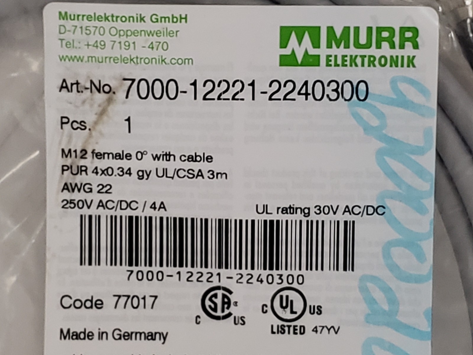 MURR ELEKTRONIK 7000-12221-2240300 CONNECTOR CABLE M12 FEMALE 250V AC/DC 4A NIB
