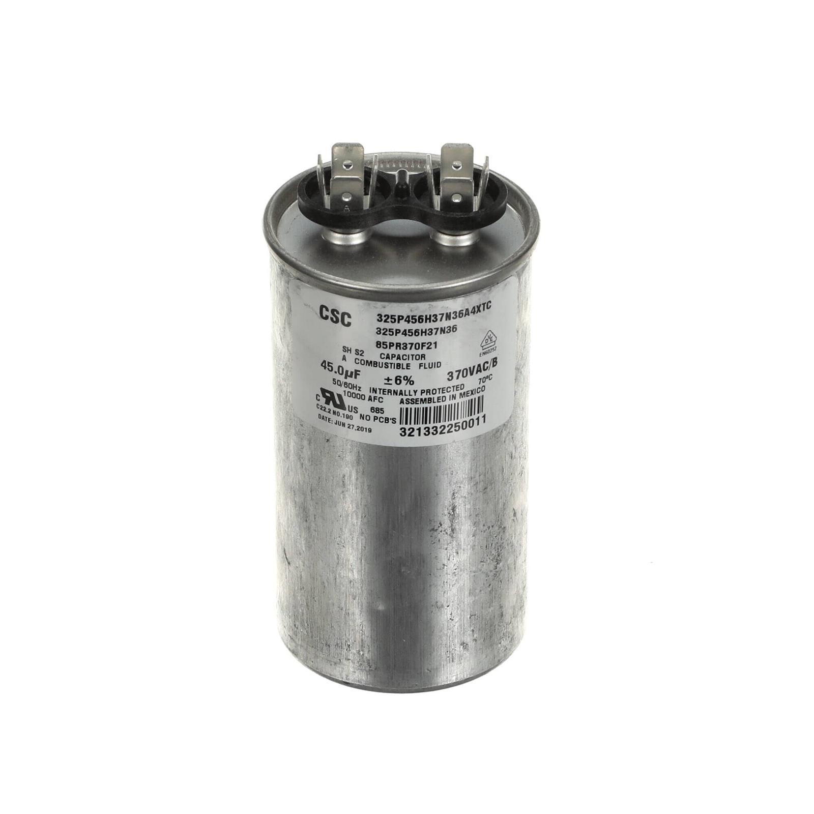 CAPACITOR, RUN, 50 HZ 45 MFD @ 370V 50-6 00141689 – Genuine OEM Replacement Part
