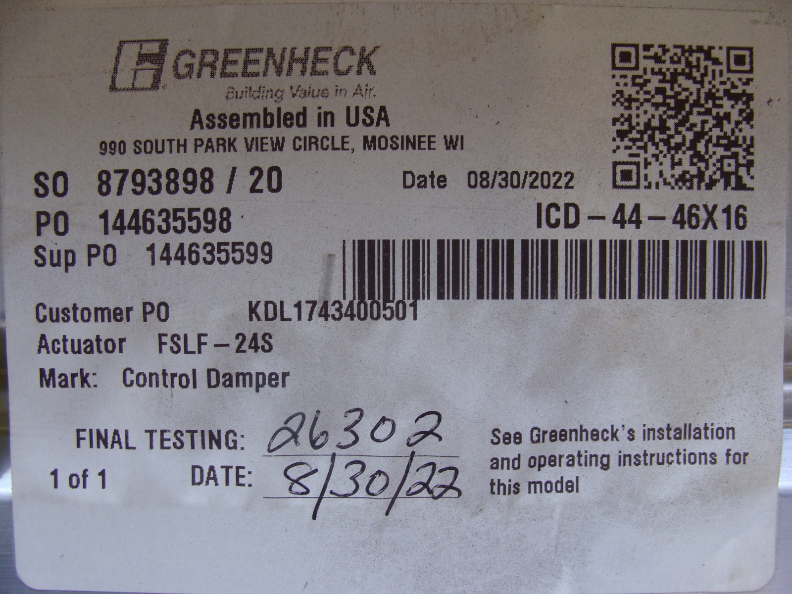 GREENHECK ICD-44-46 X 16 CONTROL DAMPER ALUMINUM LOUVERED VENT 46″ X 16″ X 5″