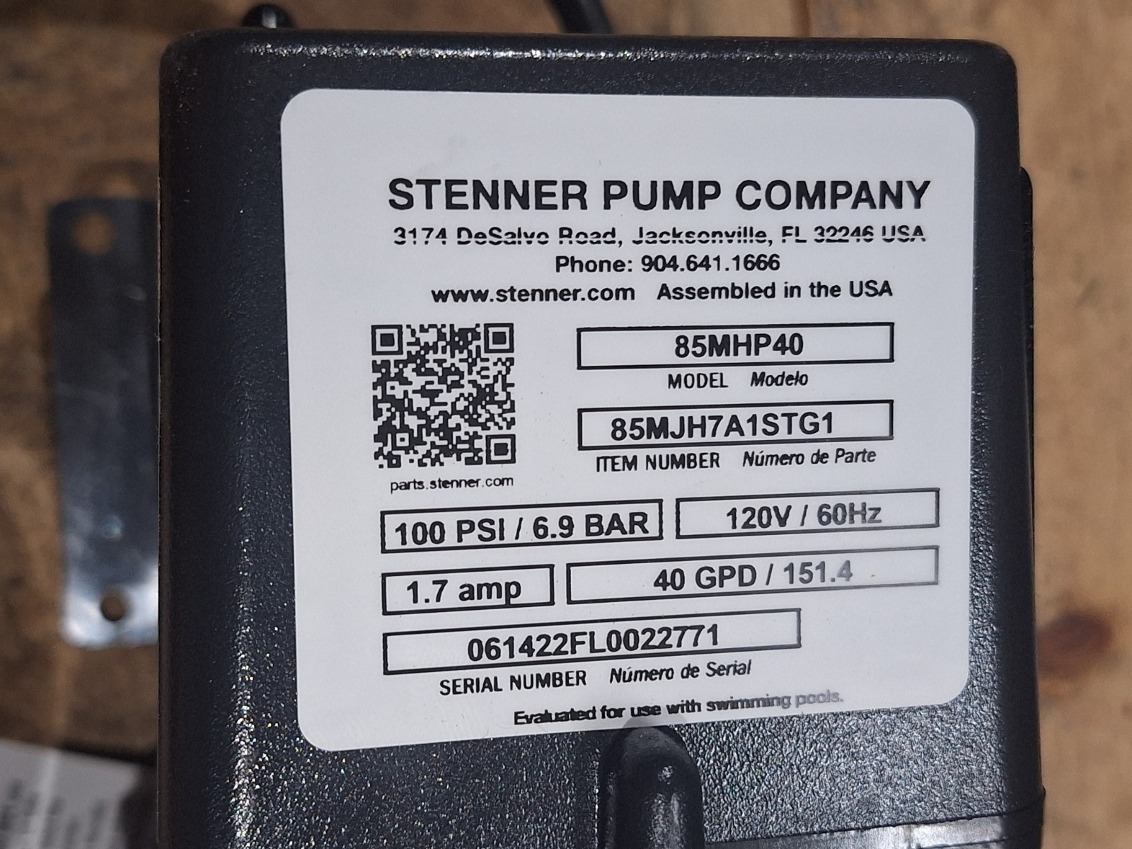 STENNER 85MHP40 PERISTALTIC PUMP 85MJH7A1STG1 120V 100PSI 40GPD 4NA13