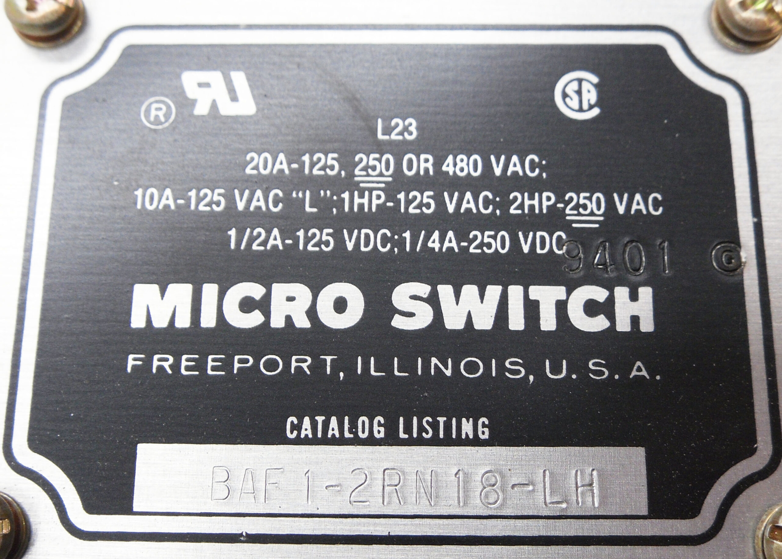 NEW MICRO SWITCH BAF1-2RN18-LH LIMIT SWITCH 20A 480VAC 250VDC