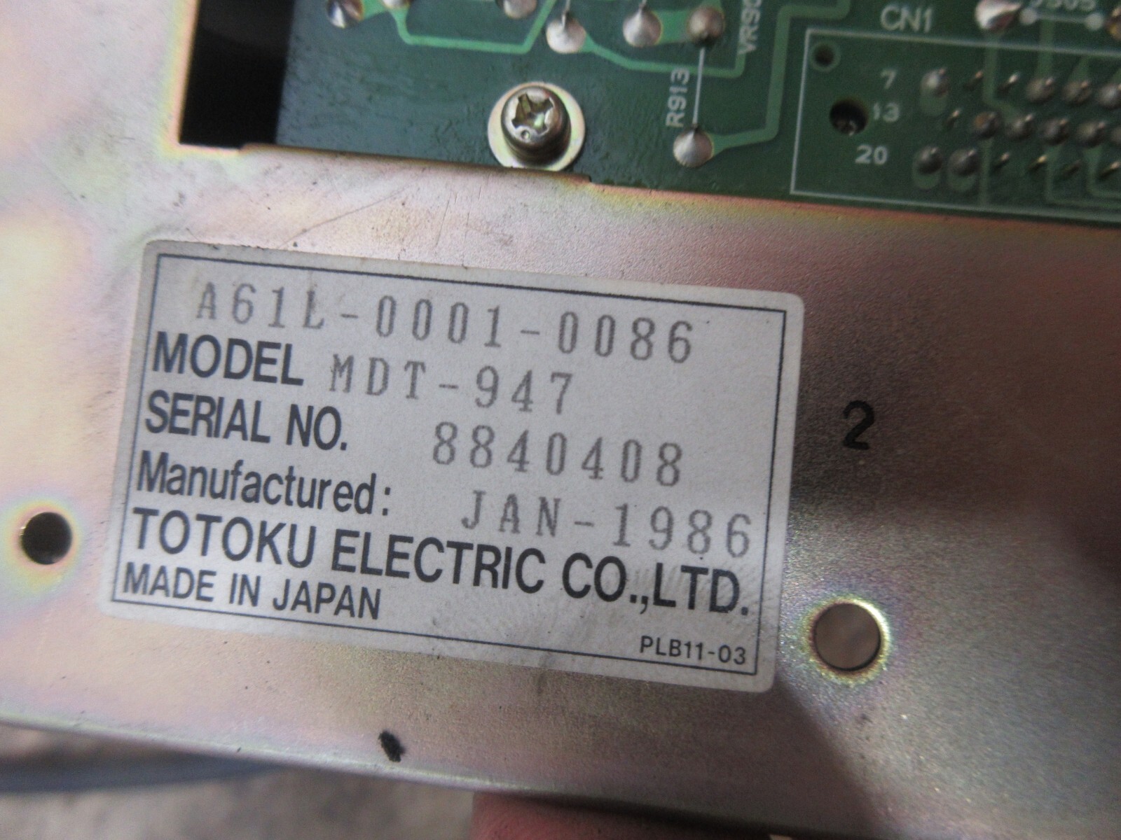 TOTOKU DISPLAY MONITOR A61L-0001-0086 MDT-947 8840408 JAN-1986