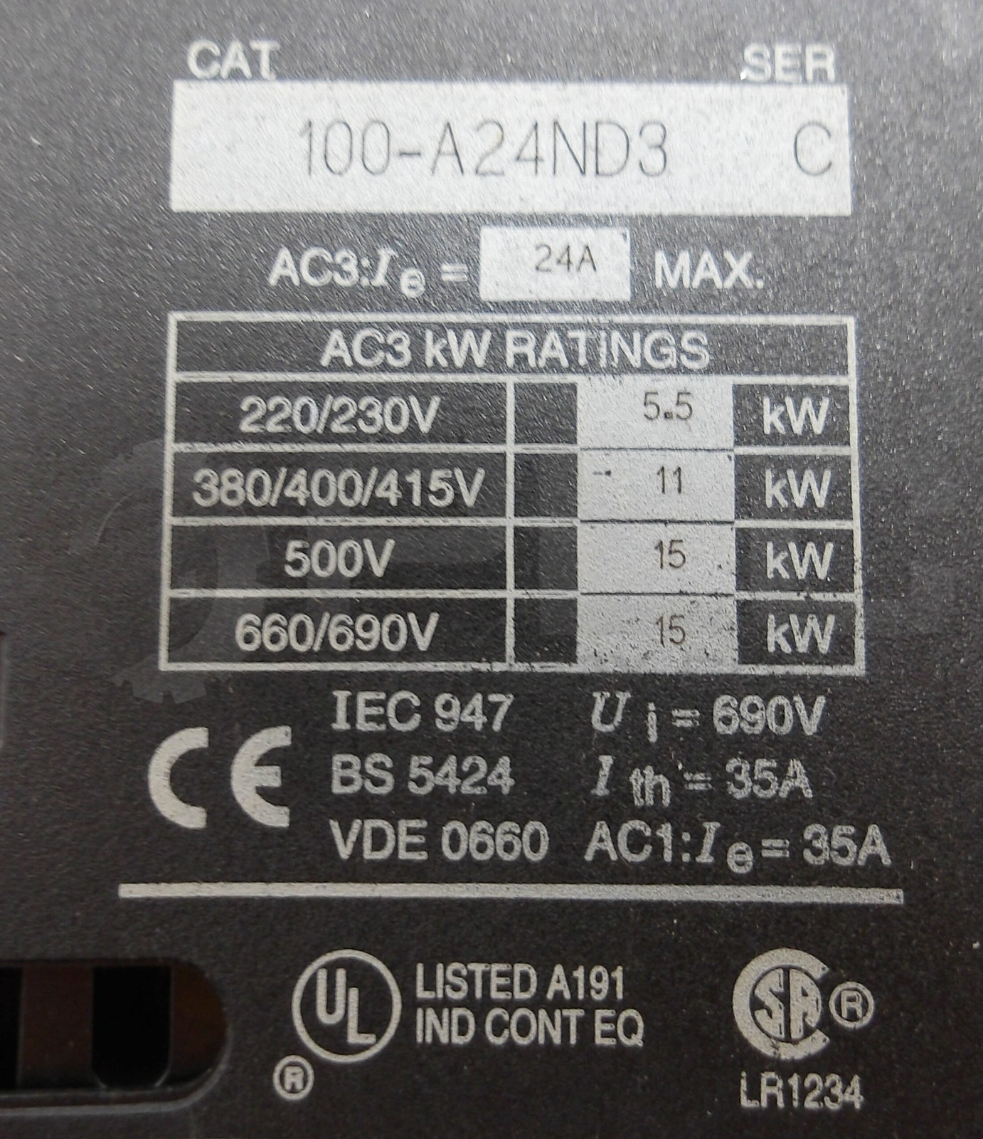 ALLEN BRADLEY 100-A24ND3 /C W/ 195-FA11 /A W/ 193-BSC 24 /B W/ HB473