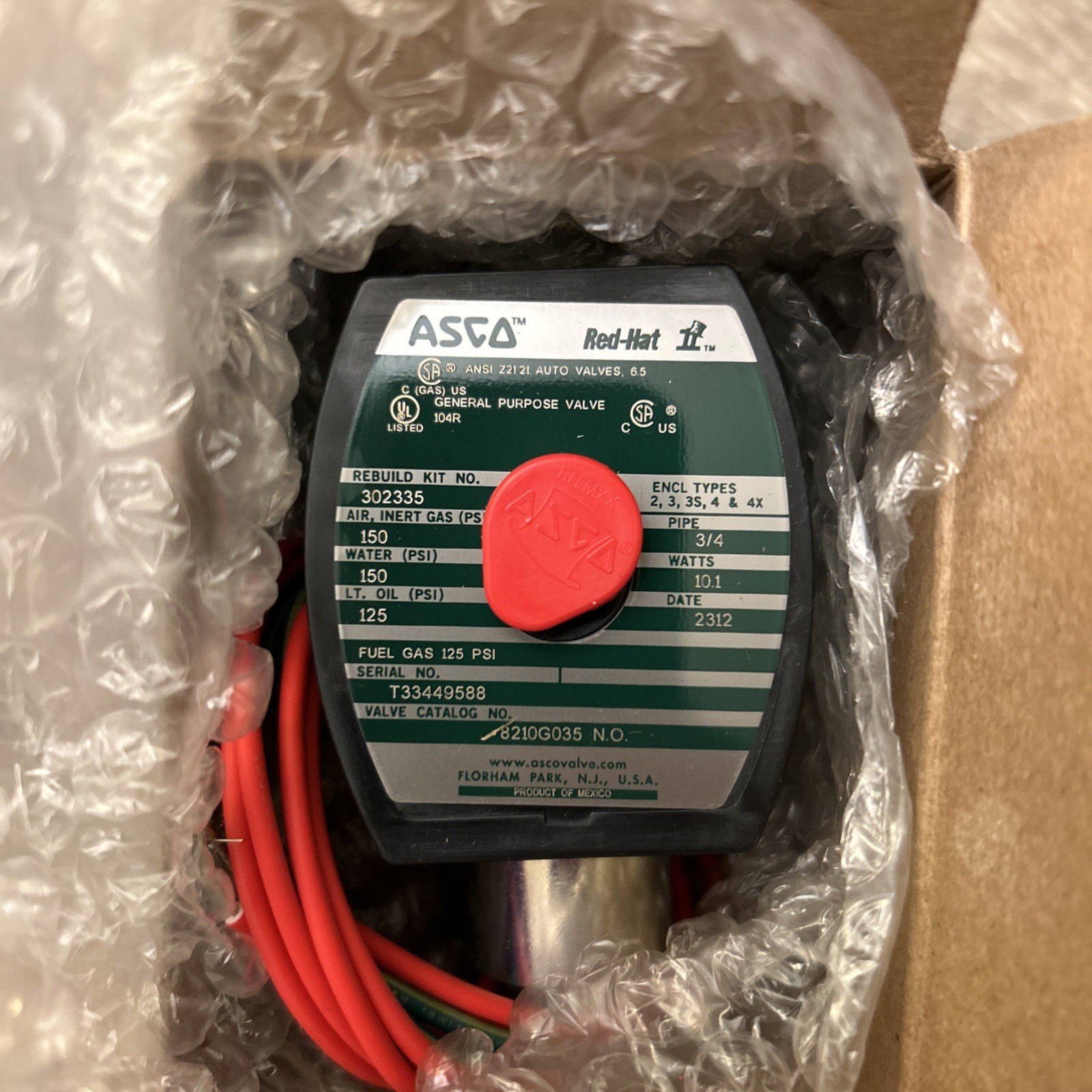 ASCO RED HAT SOLENOID VALVE 8210G035 N.O. 3/4″ 150PSI 10.1WATTS 110/120V 50/60Hz