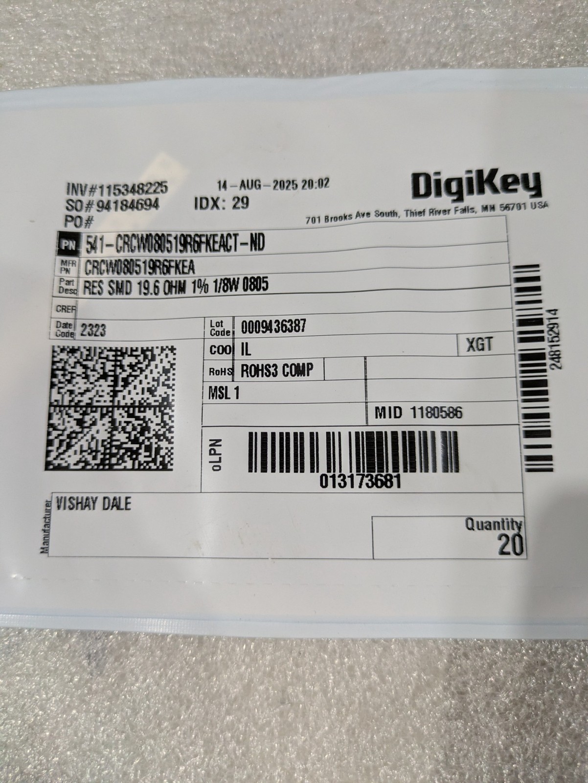 Vishay Dale CRCW0805 19.6 Ohm 1% 1/8W SMD Chip Resistor 0805 New 20/ORDER