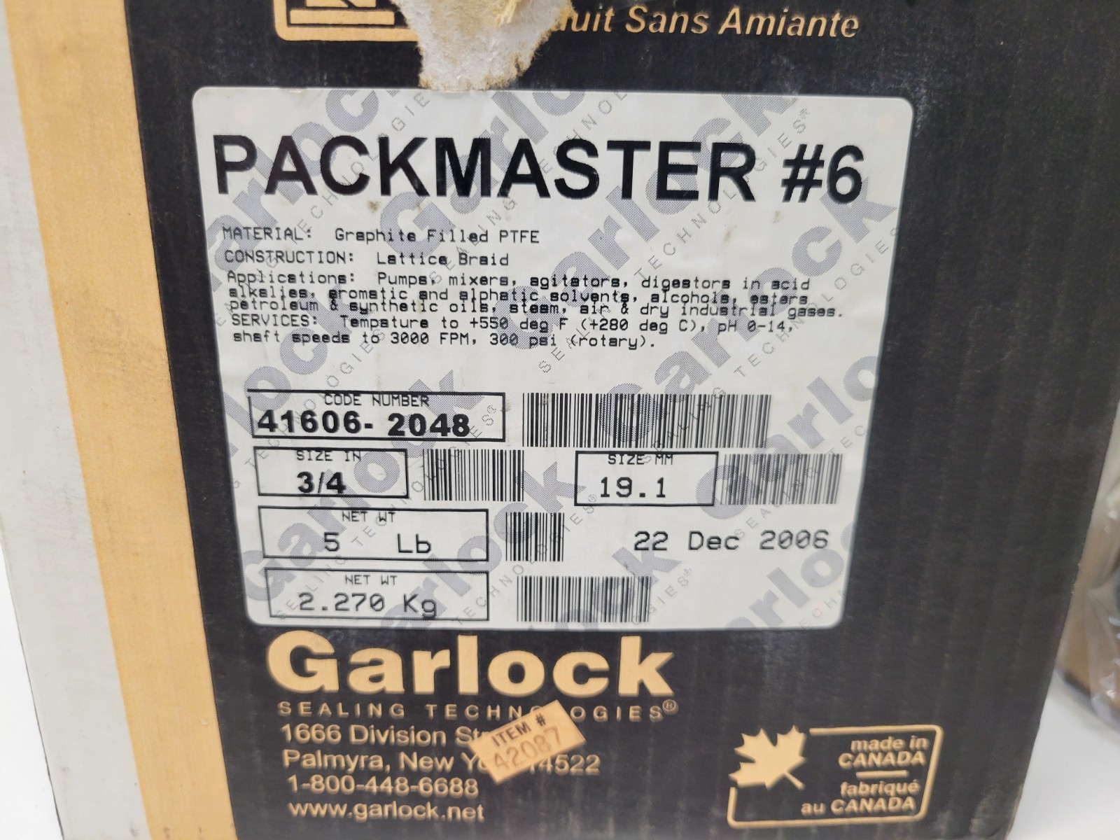 NEW OLD STOCK! GARLOCK PACKMASTER #6 3/4″ 5LB PACKING 41606-2048