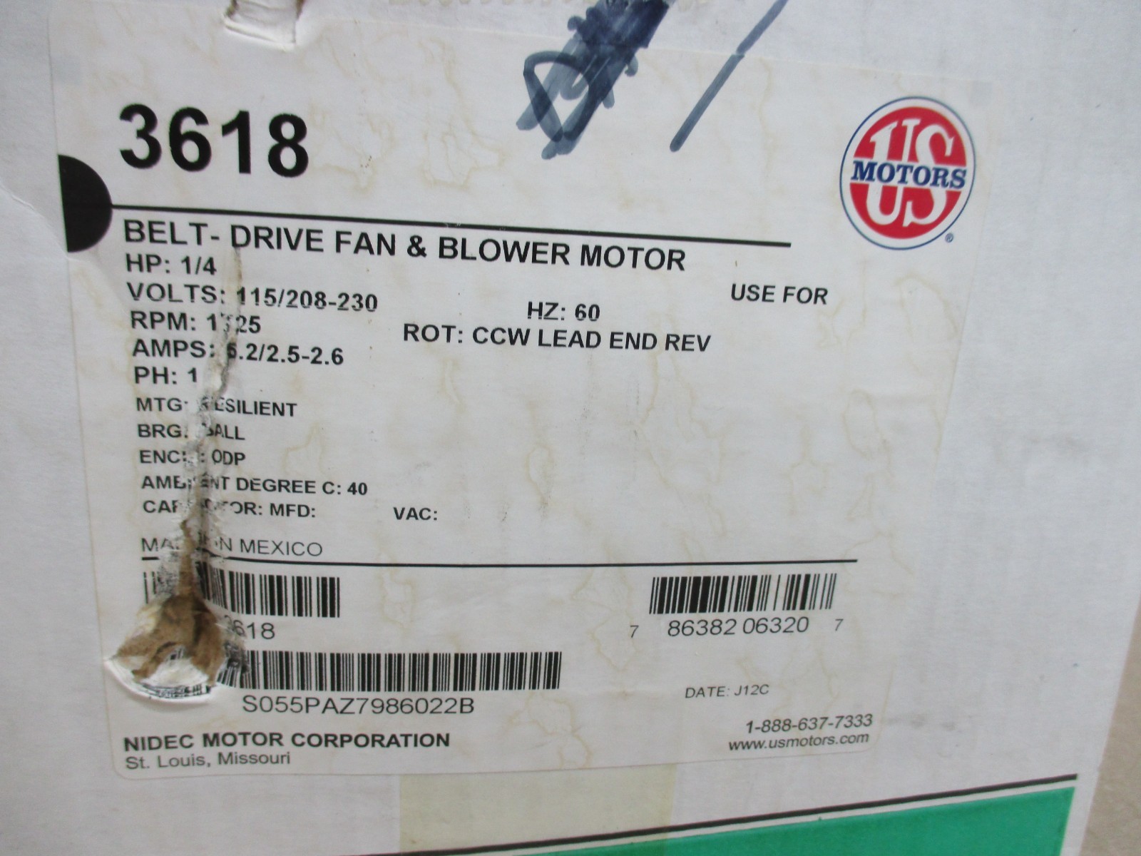 S55CXPAZ-7986 US MOTOR 3618 ELECTRIC MOTOR 1/4HP NEW