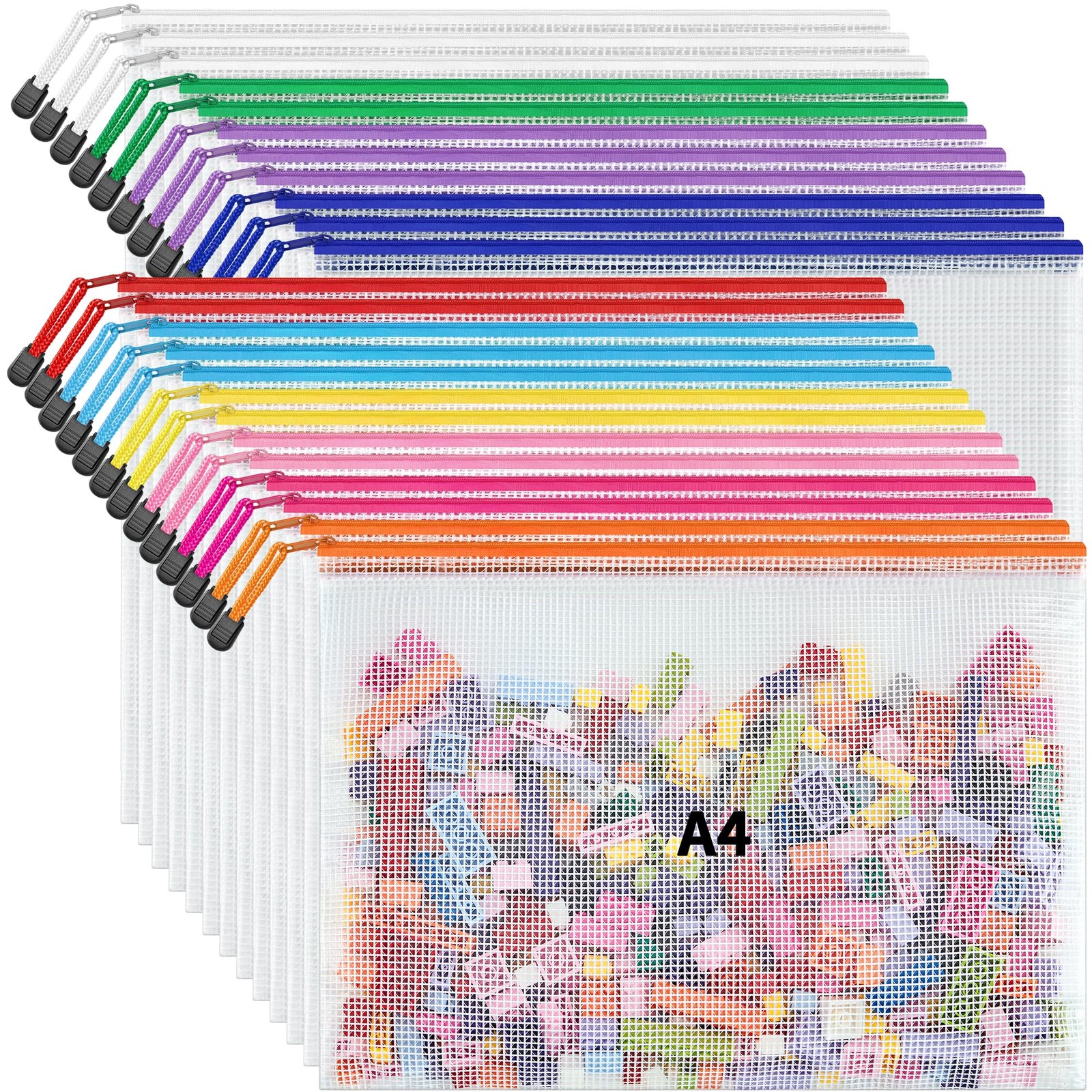 JARLINK A4 Letter Size 24 Pack 10 Colors Zipper Mesh Document Multicolor