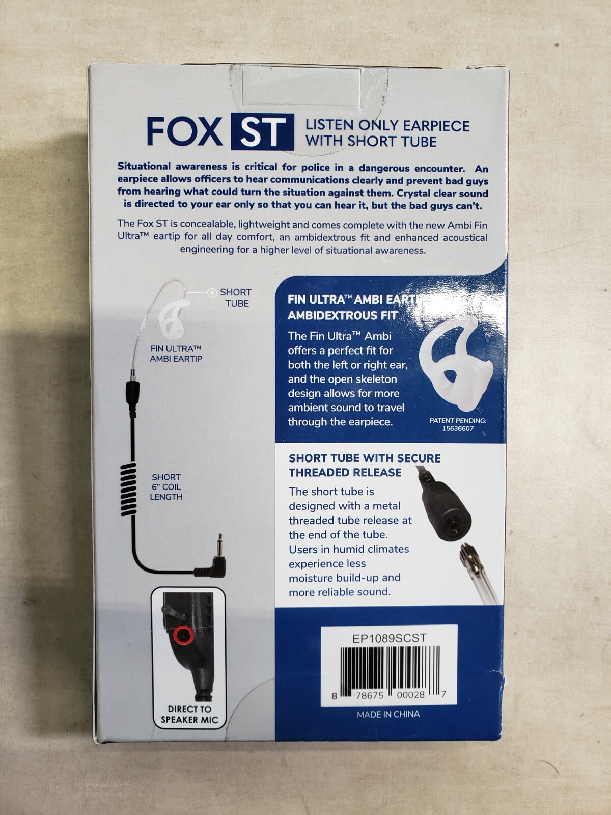 FOX ST EARPHONE CONNECTION EP1089SCST Short Tube Listen Only Earpiece,Black