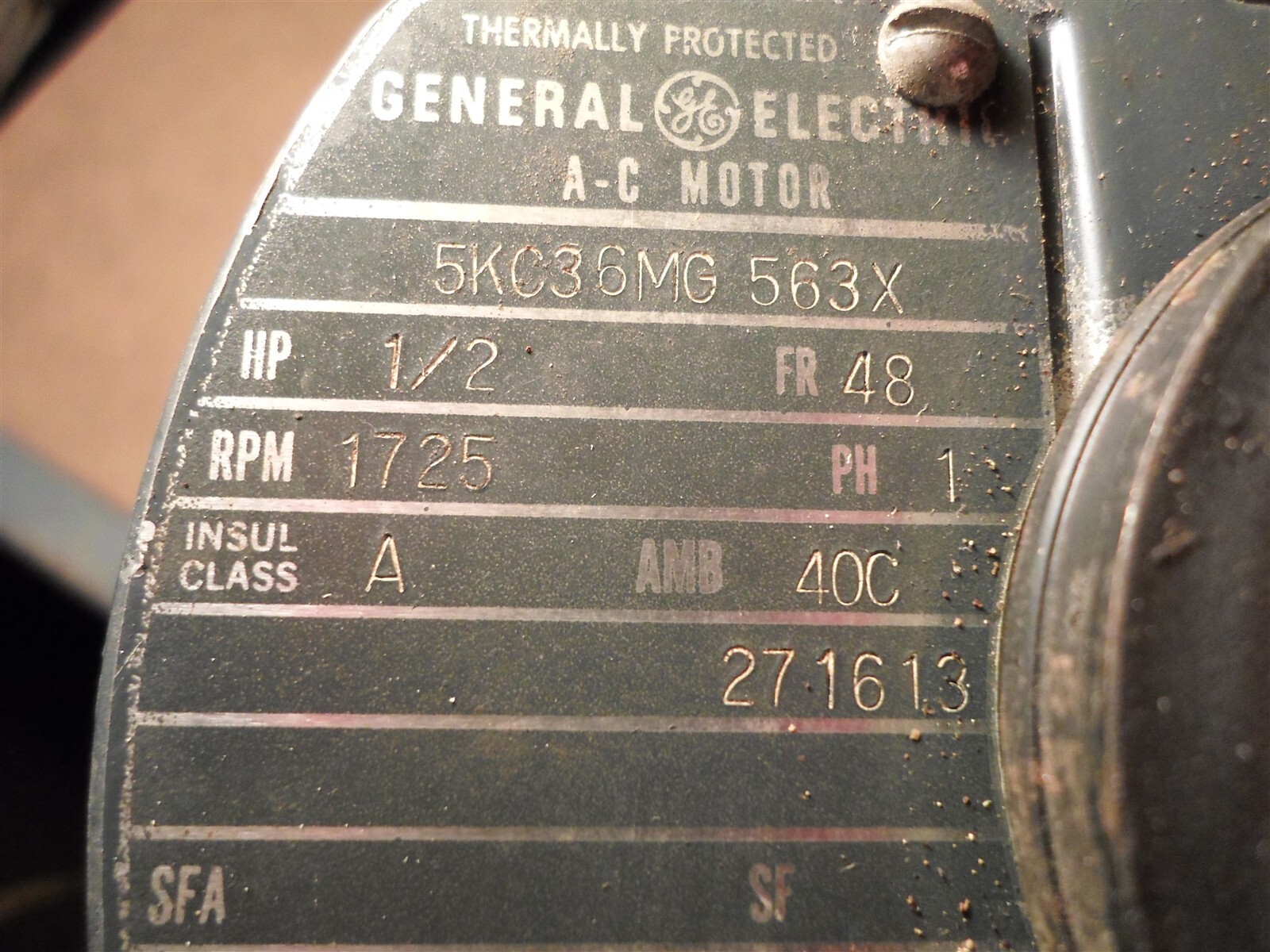 GE 5KC36MG 563X Motor 1/2 HP, 48 FR, 1725 RPM, 1 Phase, 115 V, 7.4 Amp, 60 HZ