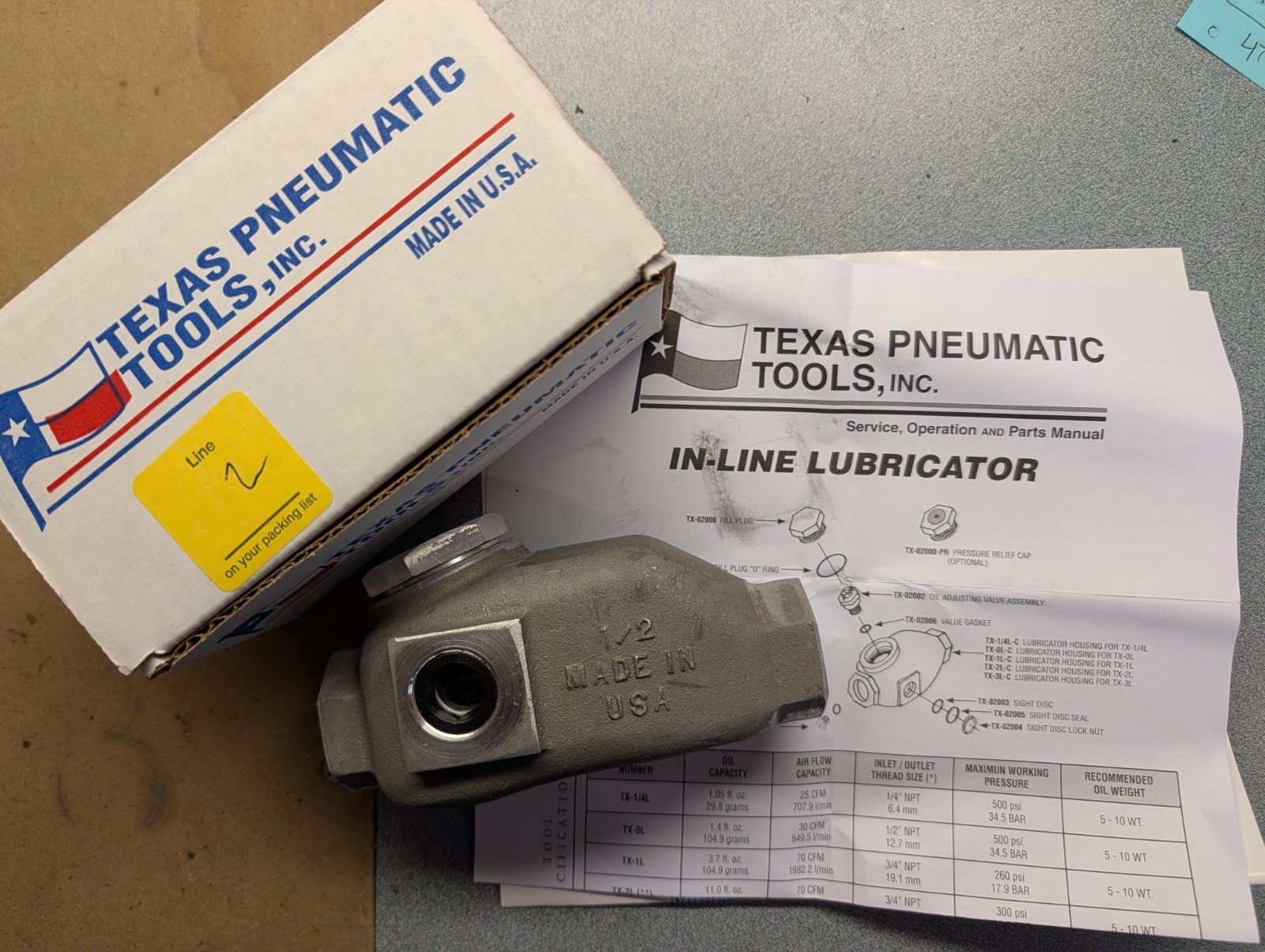 TEXAS PNEUMATIC IN-LINE LUBRICATOR Model TX-0L 1/2″