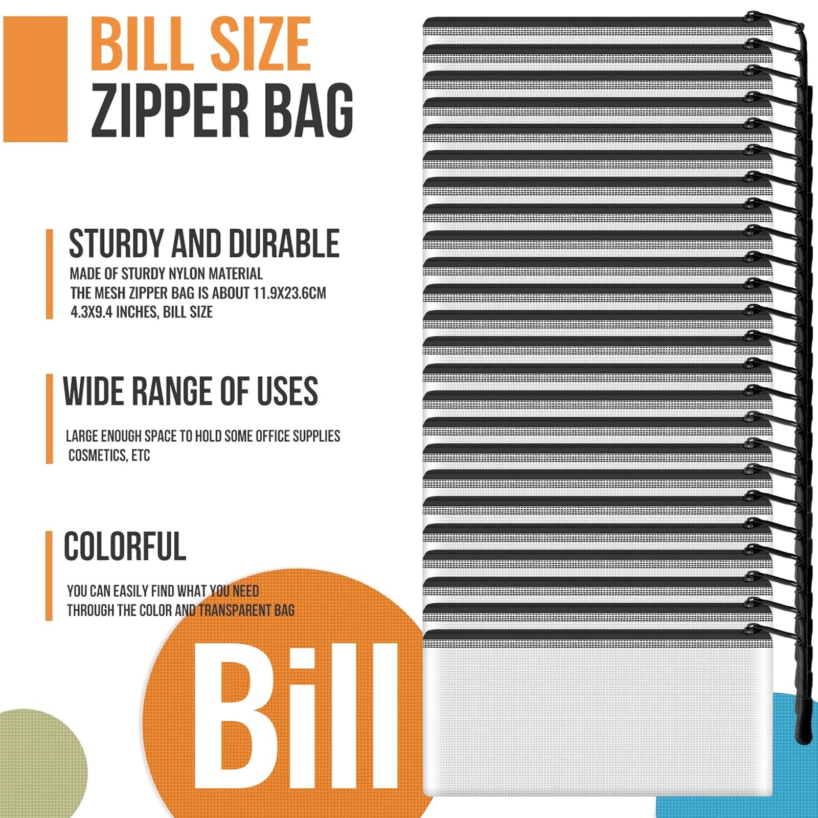 24pcs Mesh Zipper Pouch Bags 9.3 x 4.7 Inches, Black Small Clear A6,