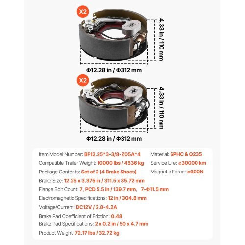 Electric Trailer Brake Kit, 12.25 x 3.375 Inch, 2 Pairs Self-Adjusting Electric