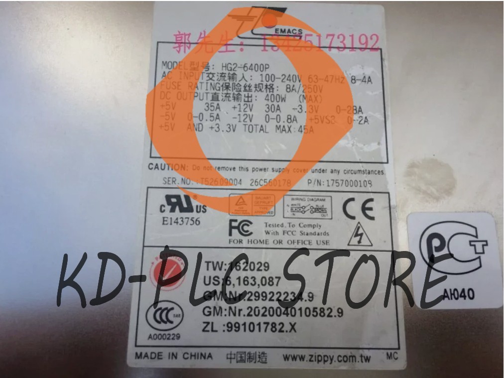 USED zippy HG2-6400P rated 400W for Industrial computer equipment power supply