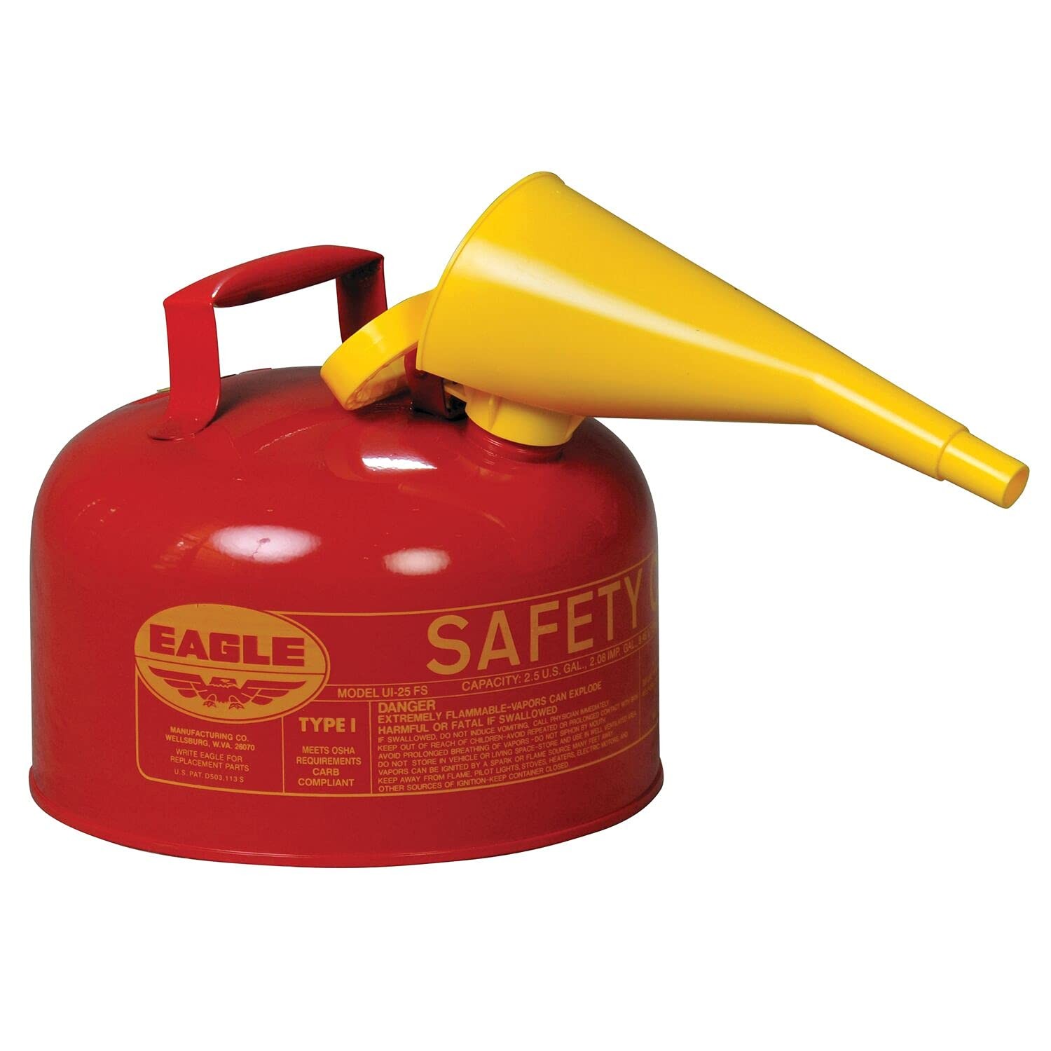 Eagle UI25FS Type I Metal Safety Can with F-15 Funnel Flammables 2.5 Gallon Red