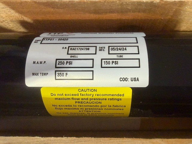 TTP THERMAL TRANSFER PRODUCTS TTP01-00420, MAWP 250PSI TUBE: 150 PSI 350F New