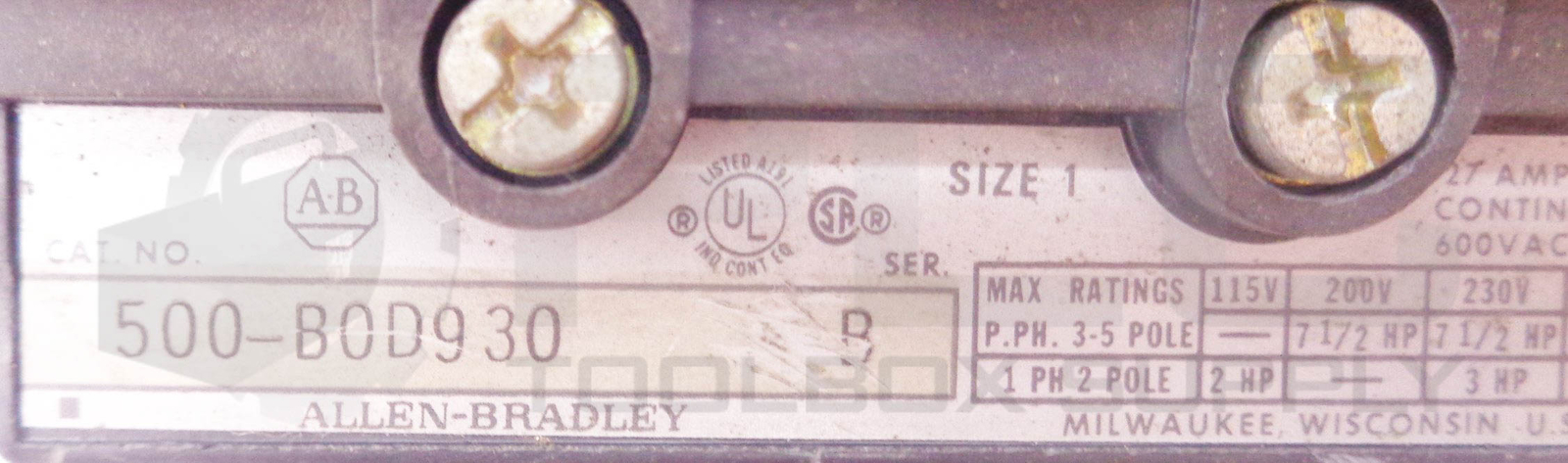 ALLEN BRADLEY 509-BOD930 STARTER, SIZE 1, SER. B, 509-B0D930, W/ CB236 COIL