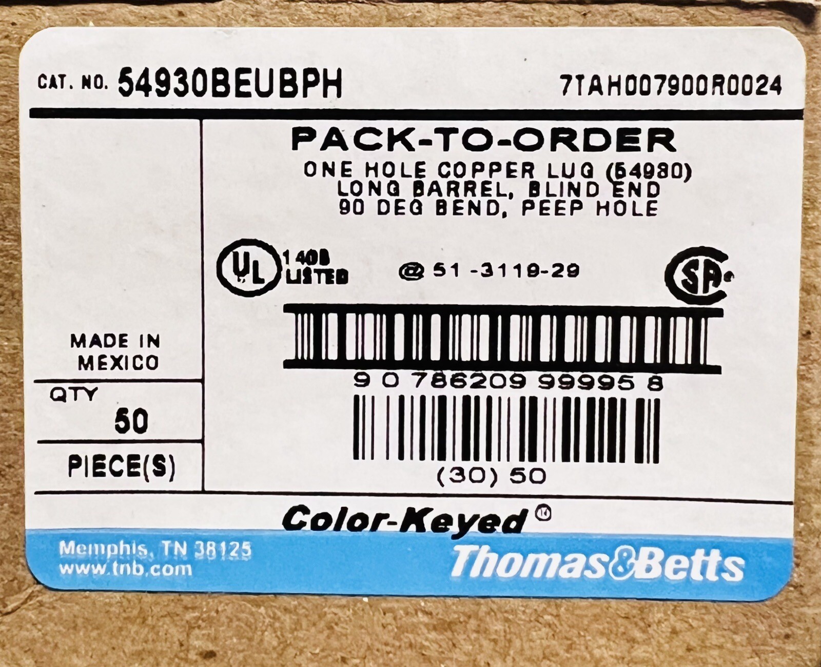 T&B (Box 50) 54930BEUBPH Copper 1 Hole Lug Long Barrel 21 Red