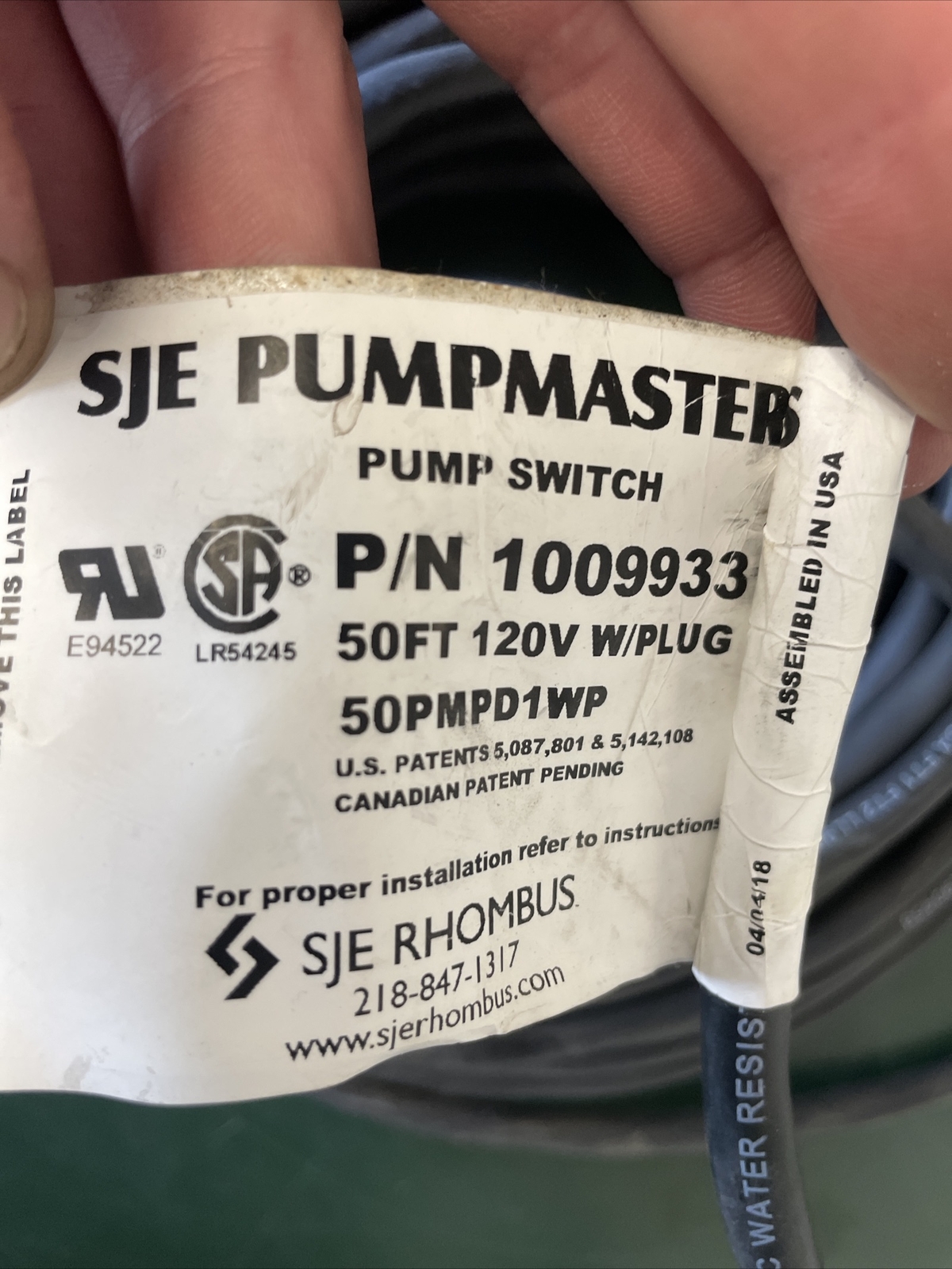 SJE Pumpmaster Plus Pump Switch 50′ 120v 1009933