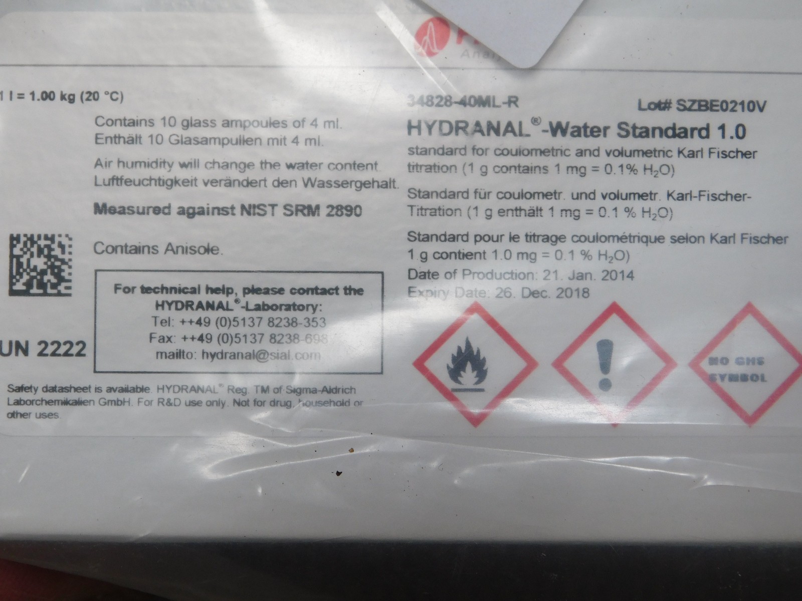 6 Pack Fluka 34828-40ML-R HYDRANAL Water Standard 1.0, Standard for Karl Fischer