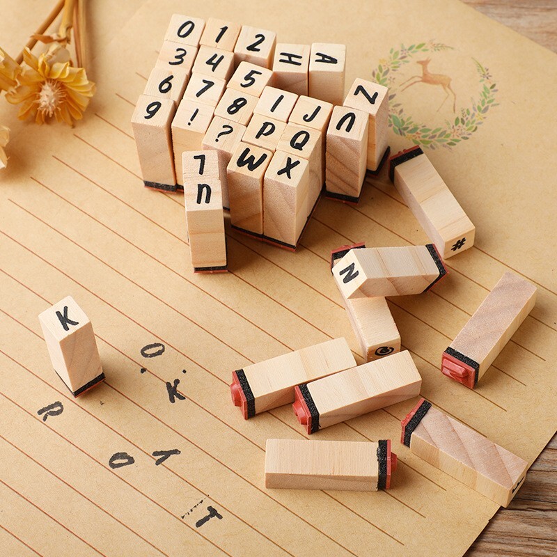 40Pcs / Set Wood Rubber Stamps A-Z Letters Number Alphabet Stamp Kit DIY Tool