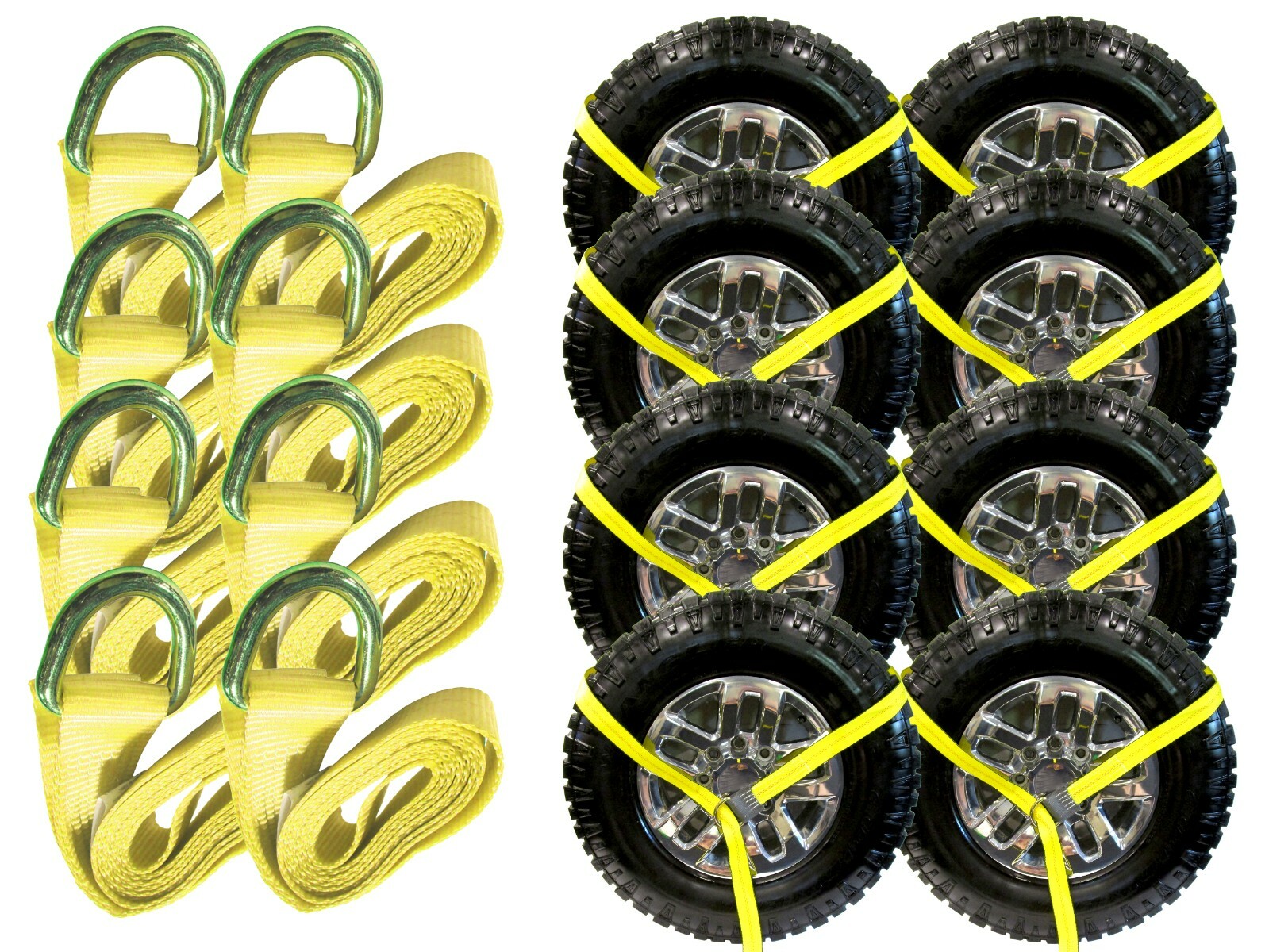 2″ x 10 ft Yellow Lasso Strap Tie Down with D Ring Wheel Lift (8 Pack)
