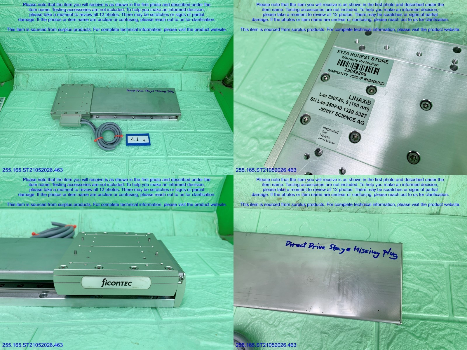 Jenny Science LINAX Lxe 250F40 Direct Motor MISSING Plug as in photos, sn:9206.