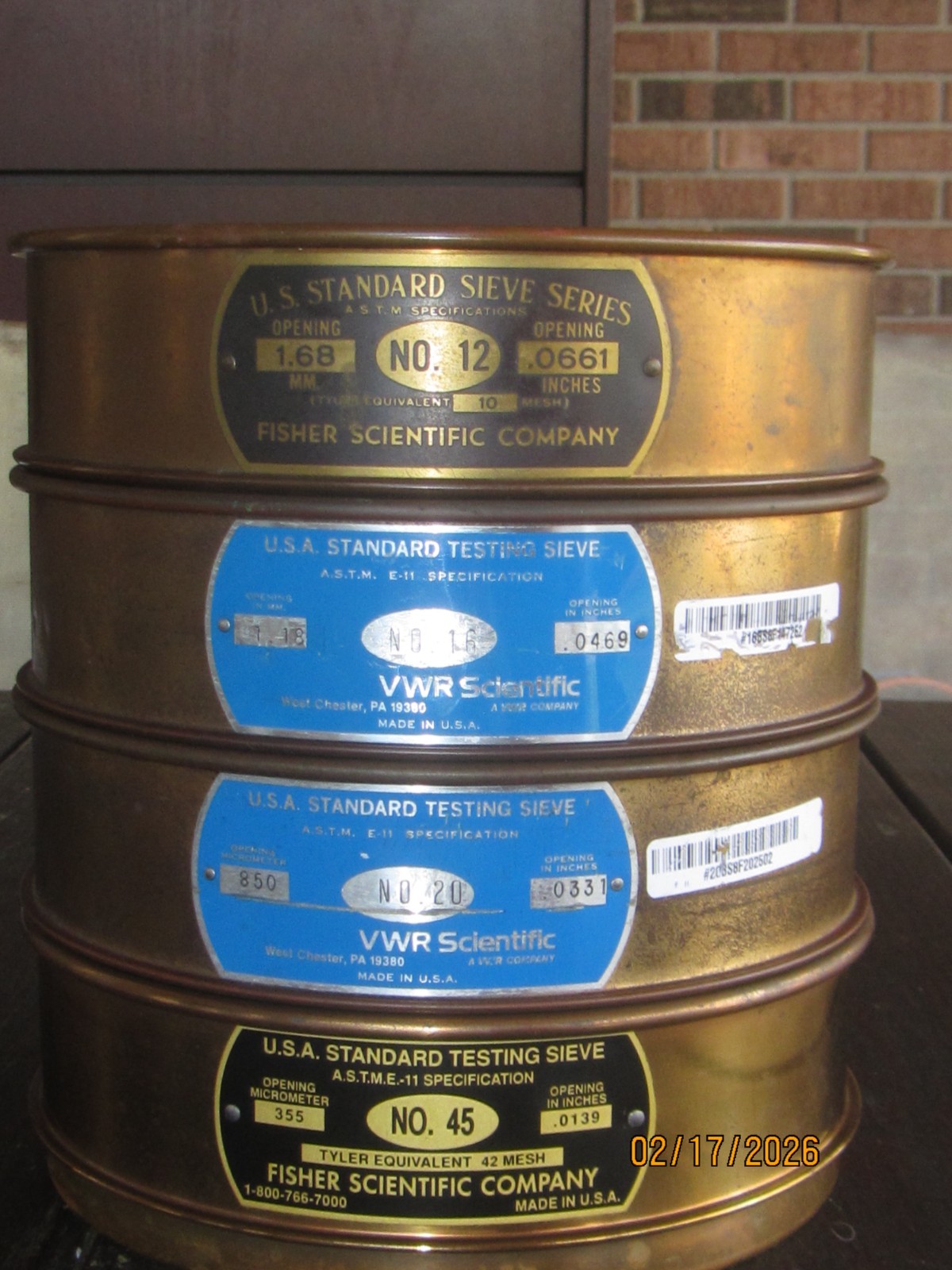 8″ full height brass lab sieves. Used. Fisher and VWR. Stack of 4. Sizes below.