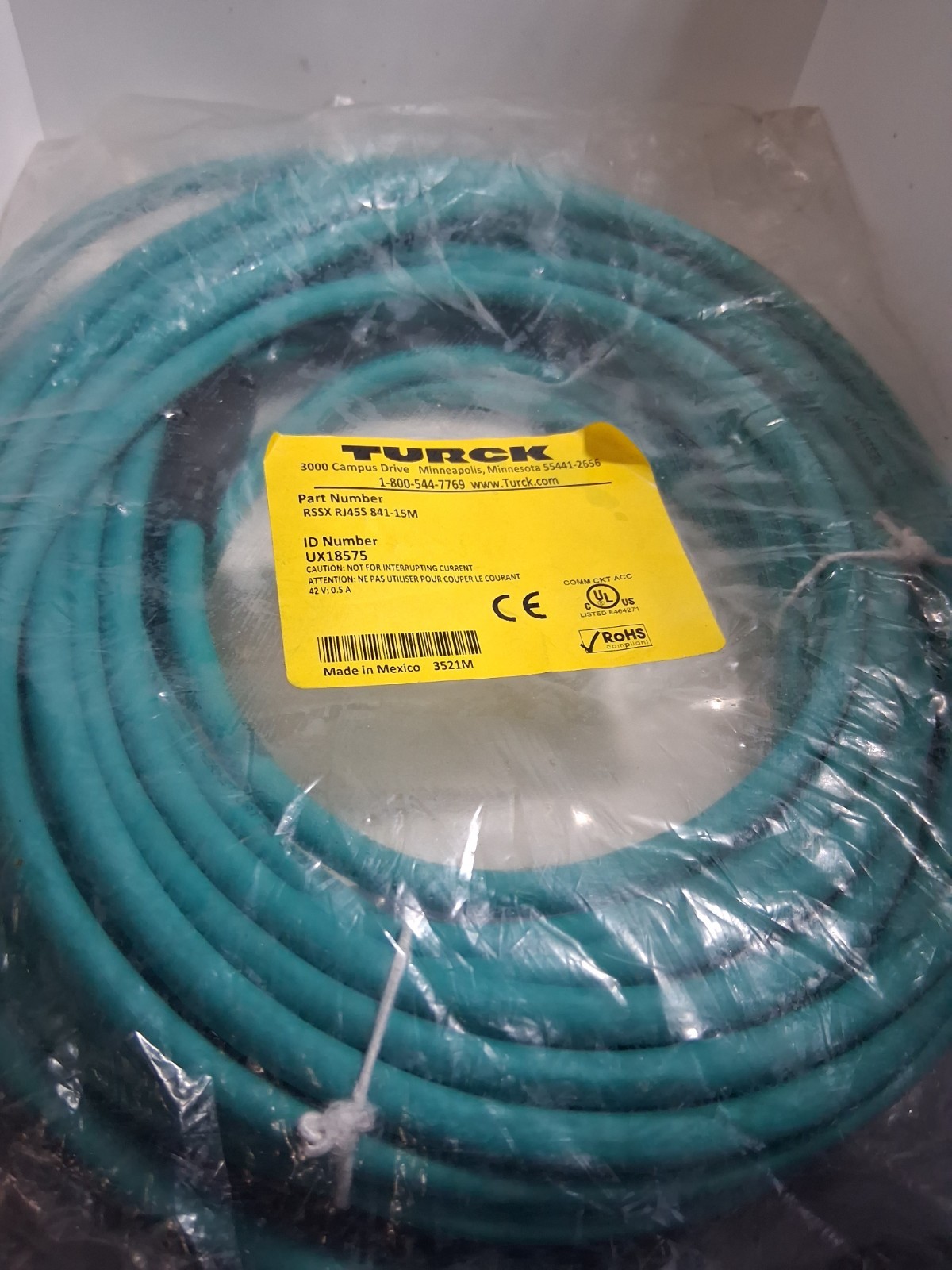 TURCK RSSX RJ45S 841-15M INDUSTRIAL ETHERNET CABLE UX18575 42V 0.5A NIB