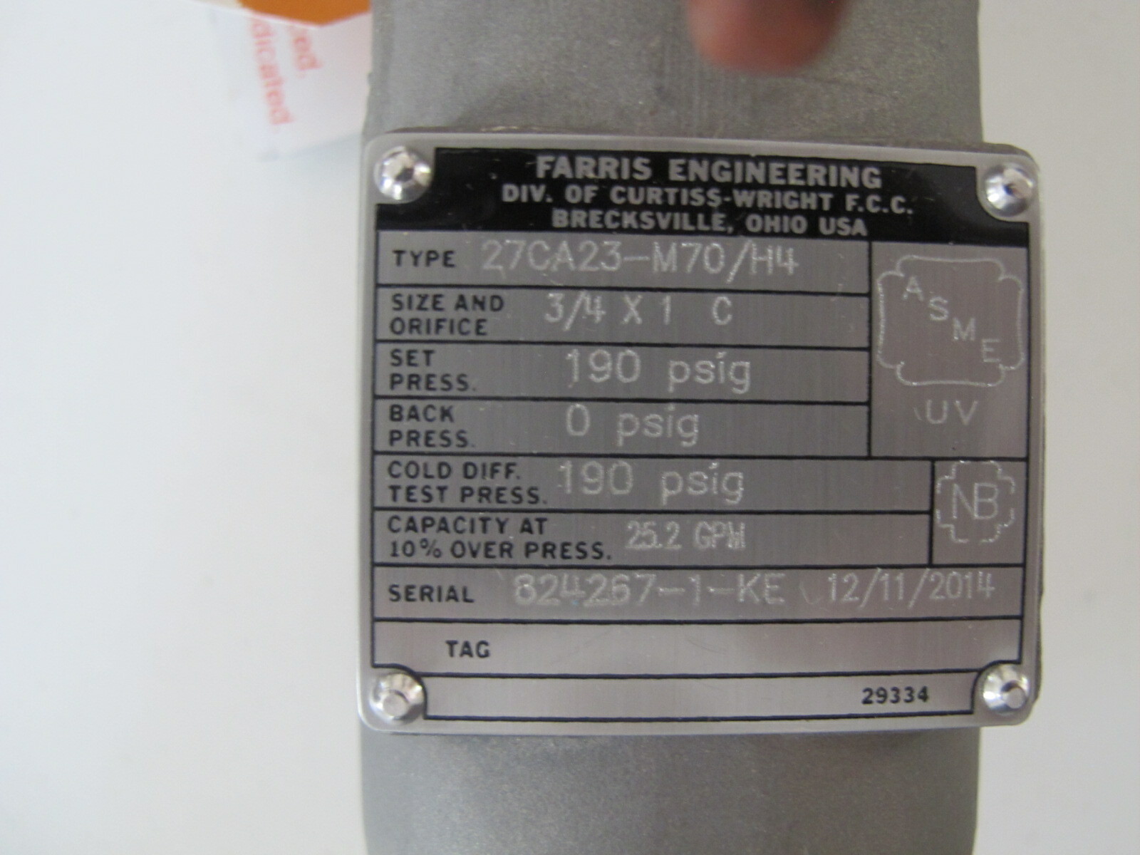 FARRIS 27CA23-M70/H4 RELIEF VALVE 3/4″X1 C 190 PSIG 27CA23M70H4
