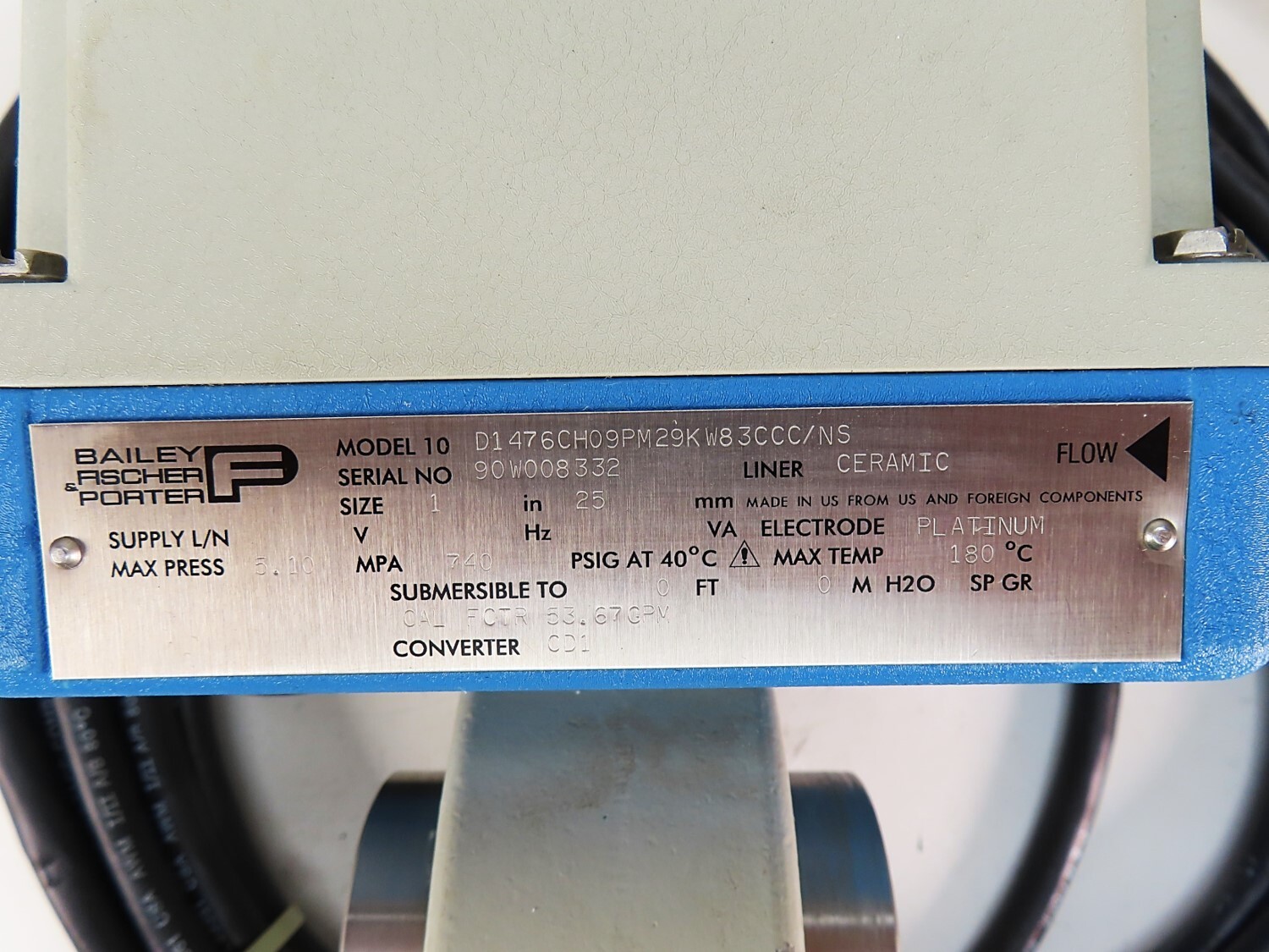 Bailey Fischer Porter D1476CH09PM29KW83CCC/NS Model 10 1″ Ceramic Flowmeter