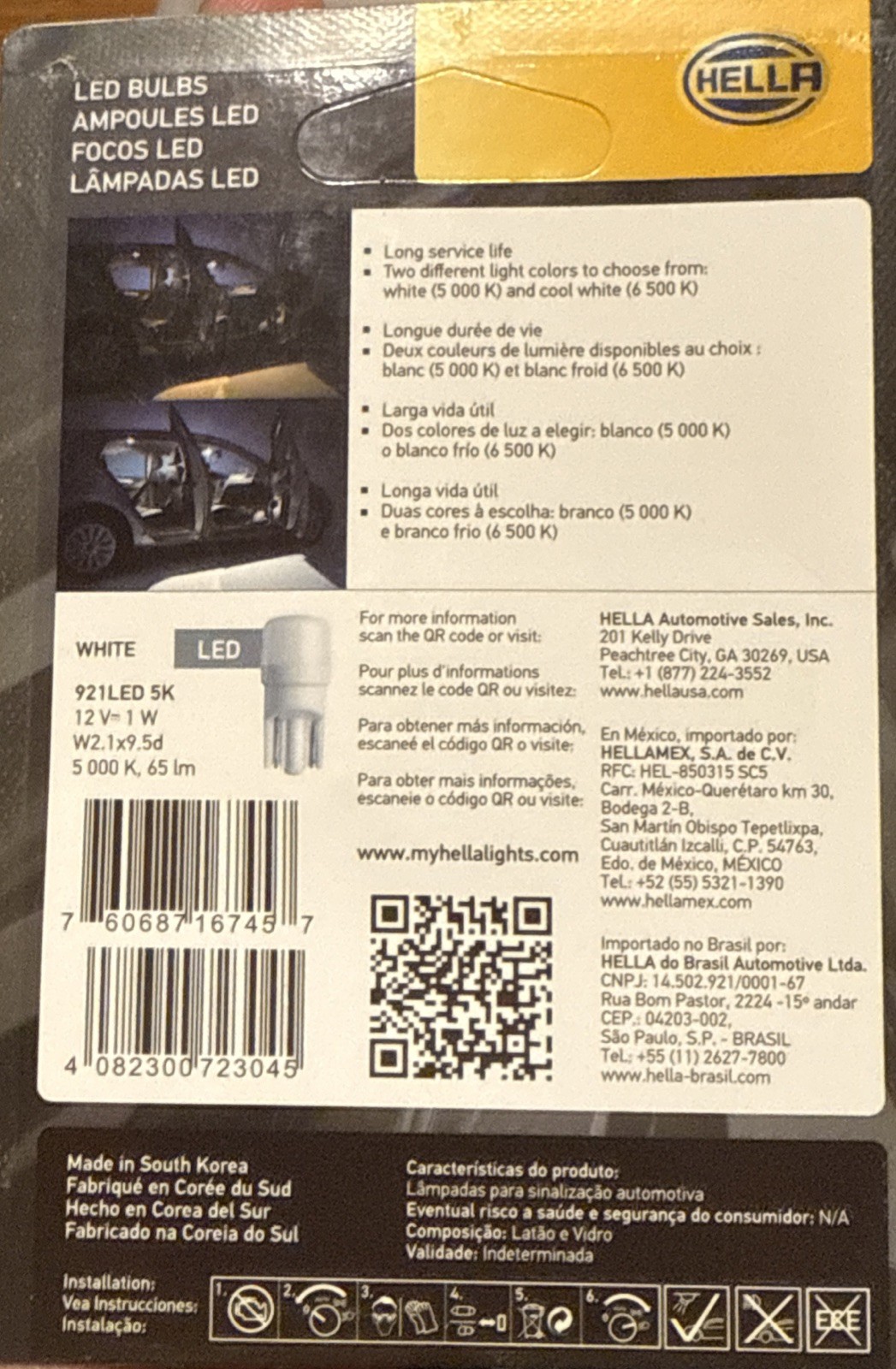 HELLA 921LED 5K Bulb Led 921 12V 1W W2.1X9.5D 5000K Pair