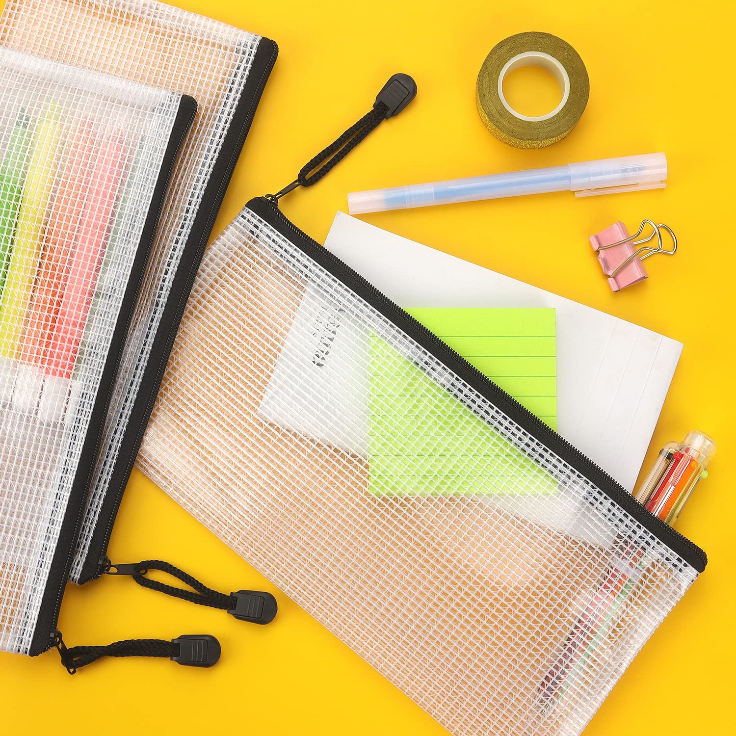 Tamaki 10 Pack Small Mesh Zipper Pouch Document Waterproof A6, 10 Black