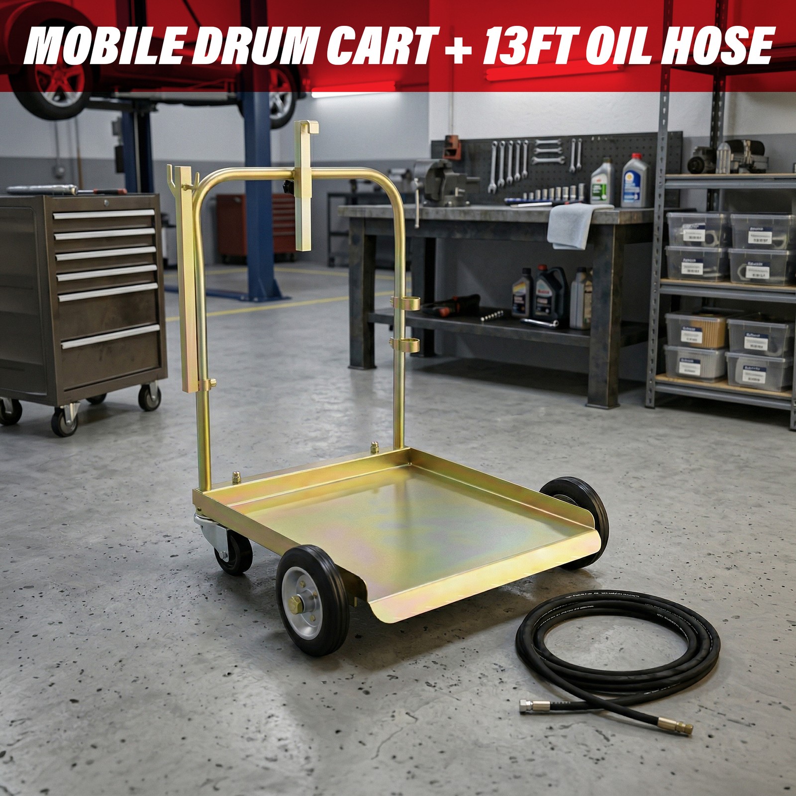 LAUCO Mobile Cart for 55 Gal Drum w/ 2000 PSI Hose – Fits 3:1 Oil Pump