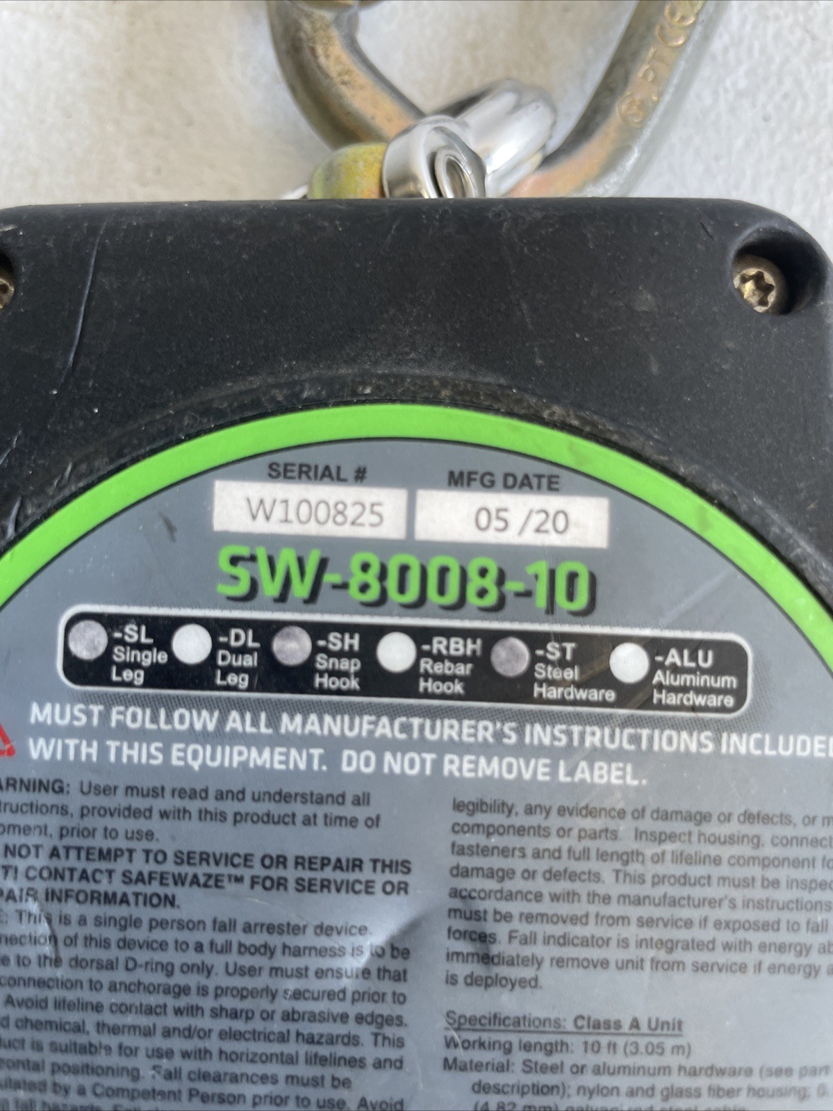 Safewaze SW-8008-10 Class A 10′ Cable Retractable w/Forged Steel Snap Hook